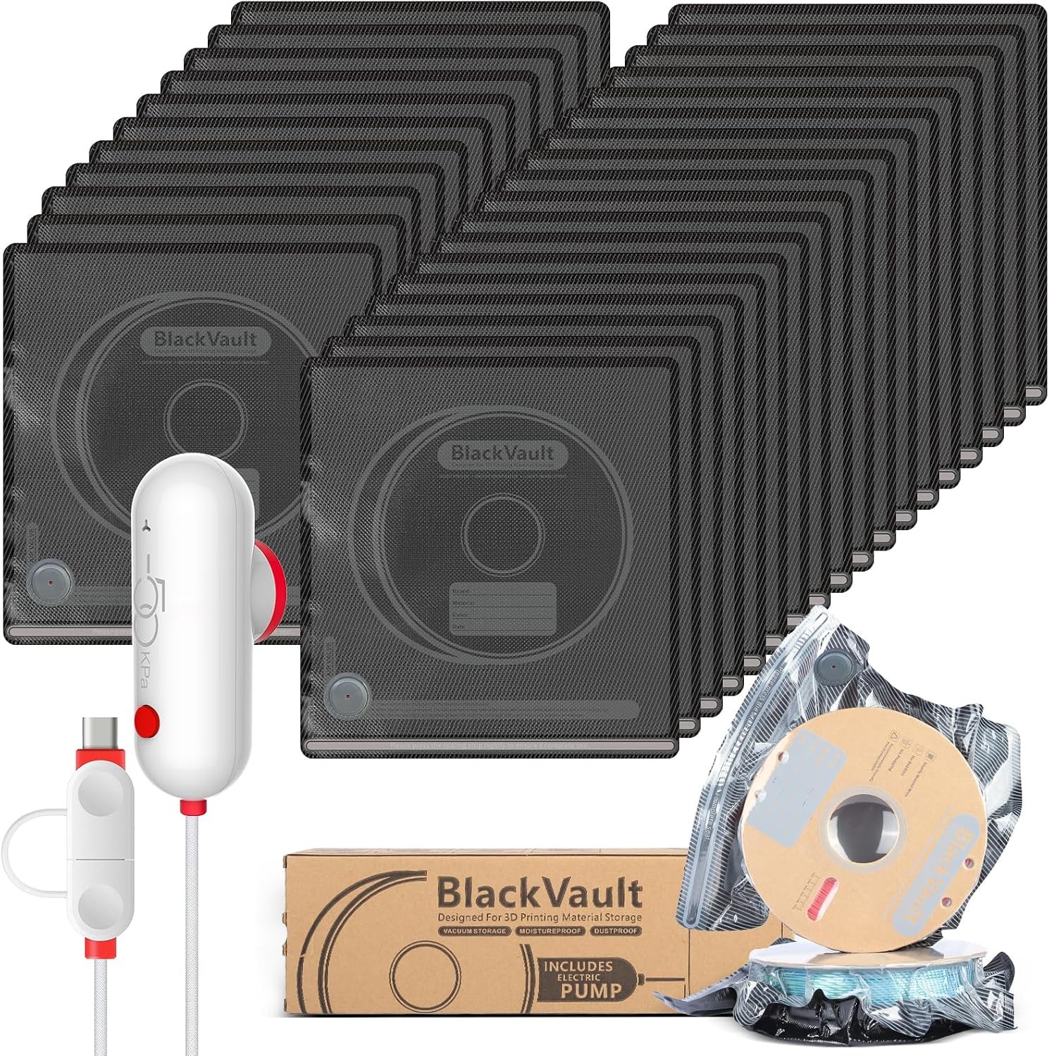 Upgraded 3D Filament Vacuum Storage Bags with USB Pump, 30 Pack Light-Blocking