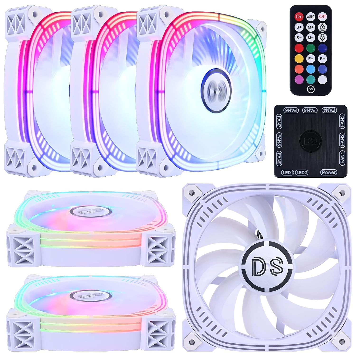 DS Addressable RGB 120MM LED Fans with 6PIN Remote Controller for White PC