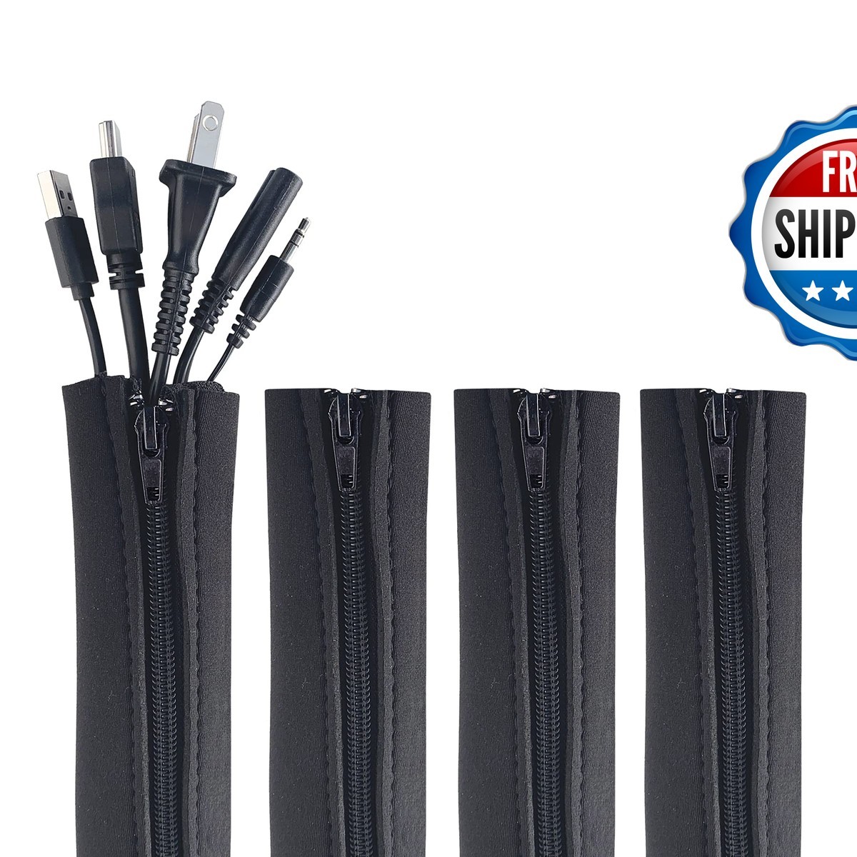 Wrap-It Storage Zipper Cable Sleeve 24" x 4" 4-Pack Black