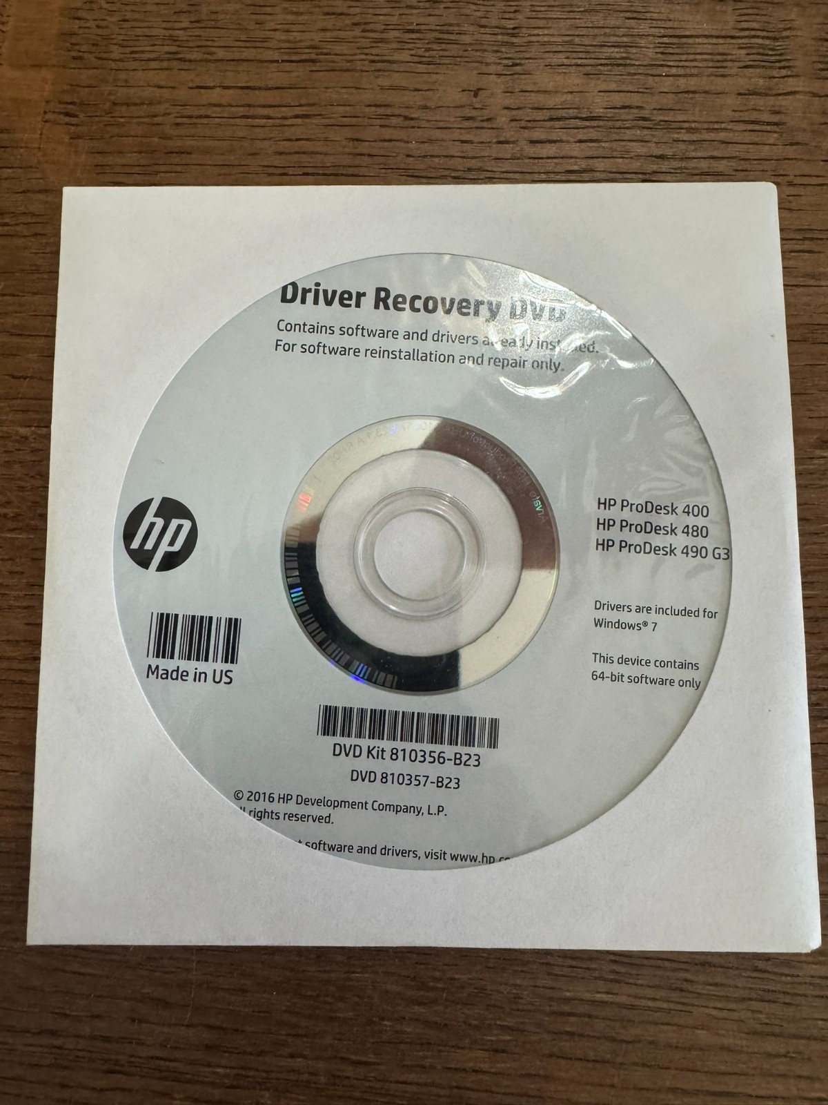 New HP Driver Recovery DVD Windows 10 ProDesk 400/480/490 G3 810356-B23