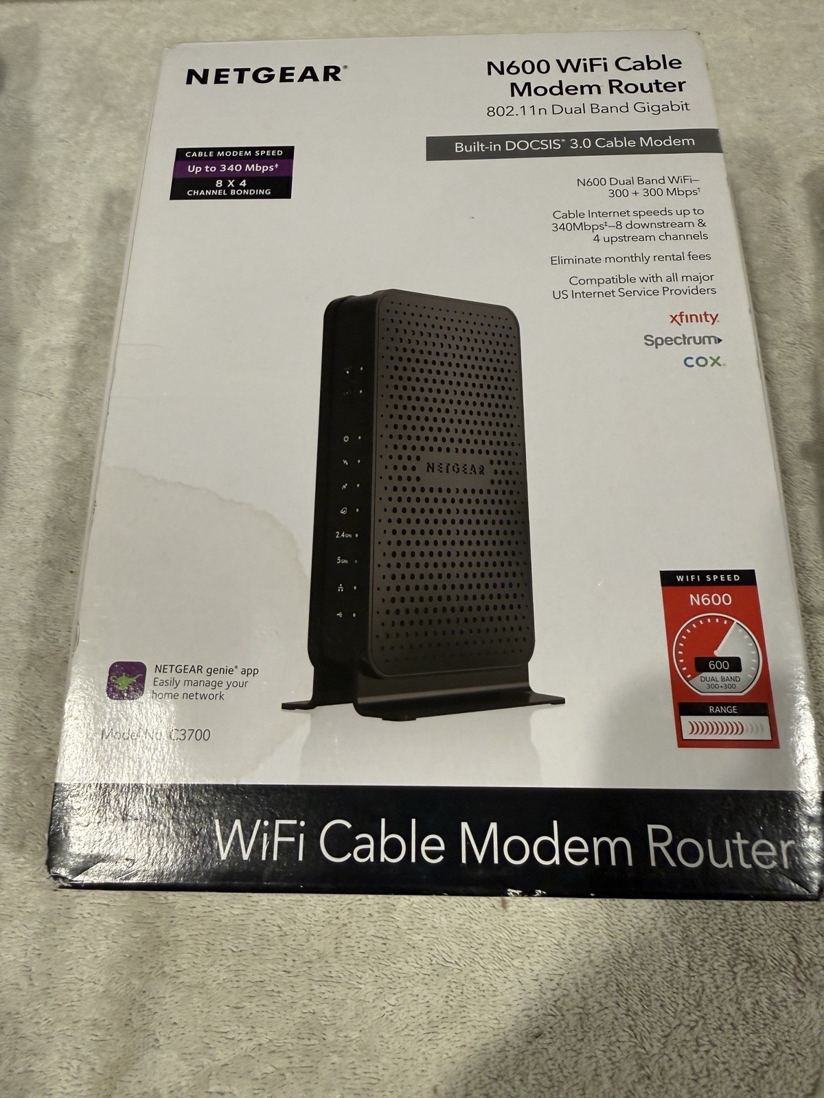 Netgear N600 WiFi Cable Modem Router Dual Band Gigabit DOCSIS 3.0 C3700 Nob