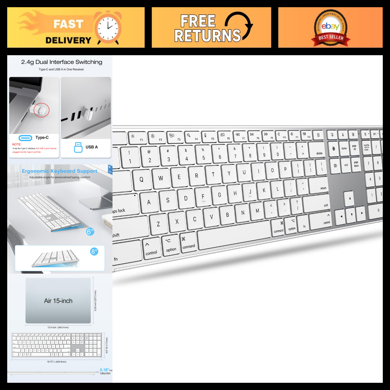 Wireless Full Size Keyboard for Mac - Metal Frame, Sleek Silver Design, Bluetoot