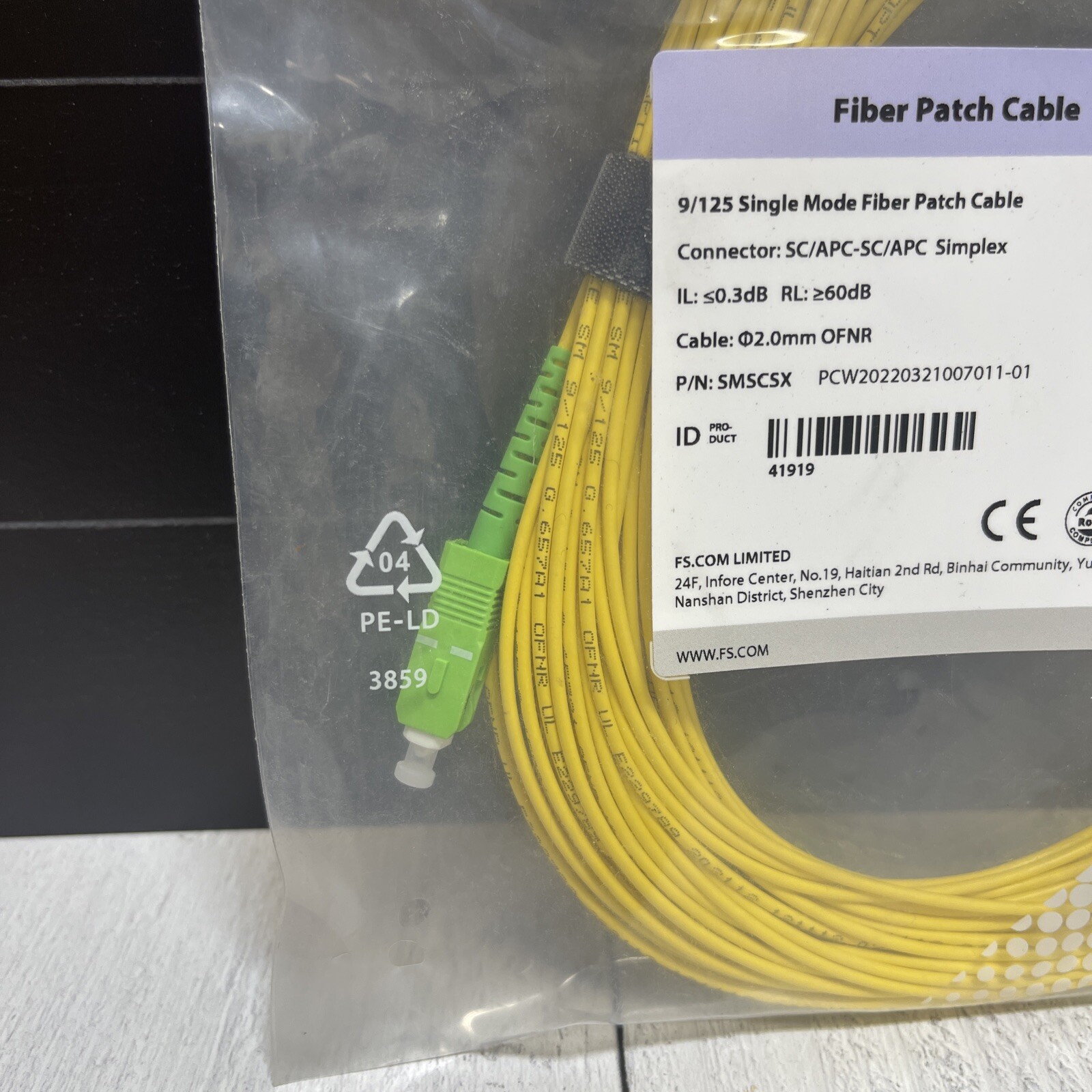 FS 9/125 OS2 Single Mode Fiber Patch Cable SC/APC-SC/APC Simplex 20M New