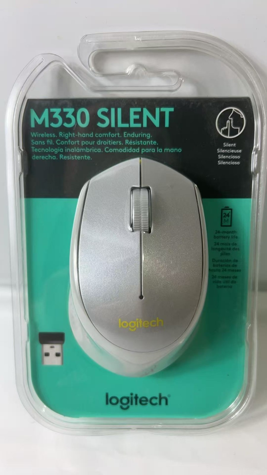 Logitech M330 SILENT Wireless Mouse, 2.4Ghz with USB Receiver, Optical - Silver