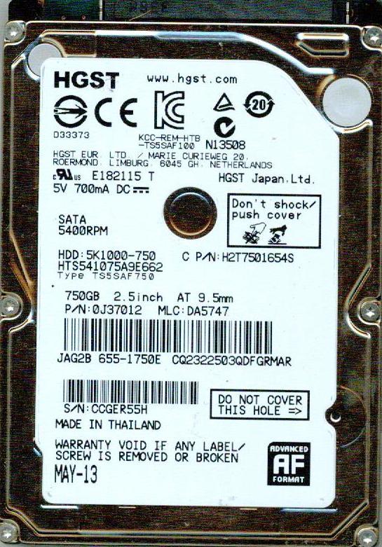 HTS541075A9E662 P/N: 0J37012 MLC: DA5747  HGST SATA 750GB 