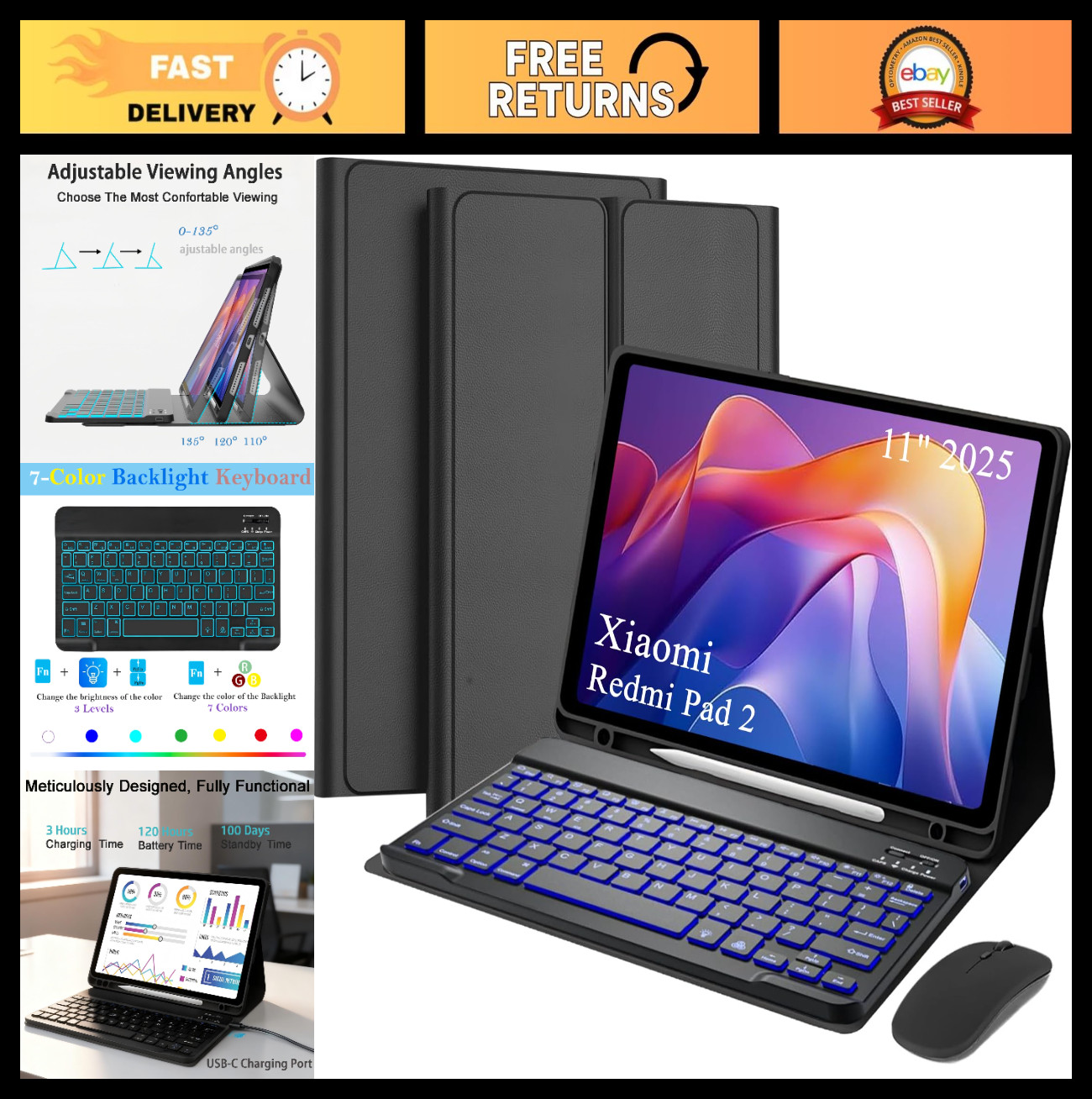 Wireless Detachable Keyboard Case & Mouse for 11" Xiaomi Redmi Pad 2, 7-Color Ba