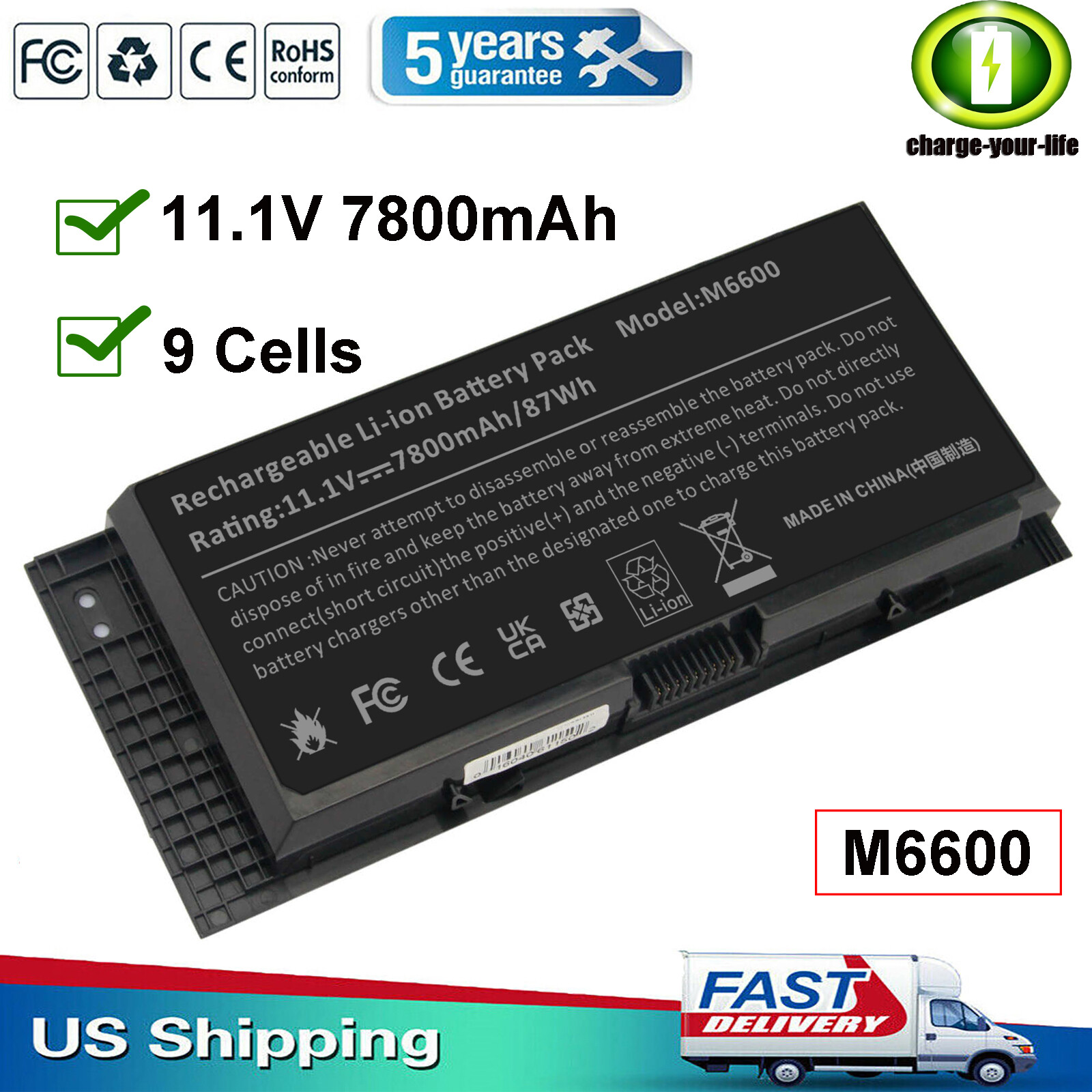 9 Cells Battery for Dell Precision M4600 M4700 M4800 M6600 M6700 M6800 FV993 US
