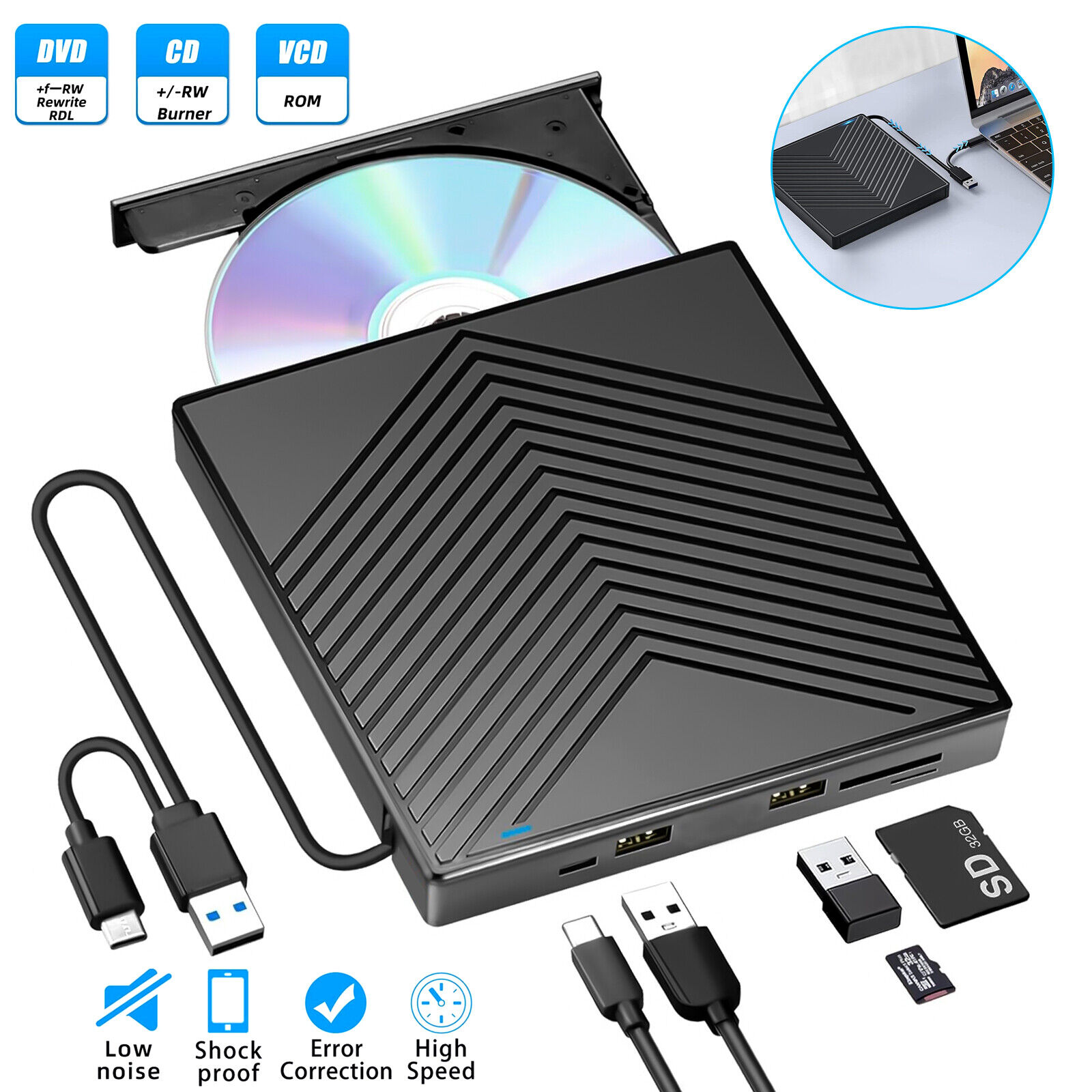 USB 3.0 External CD DVD Drive Disc Player Burner Writer Slim for Laptop PC Mac