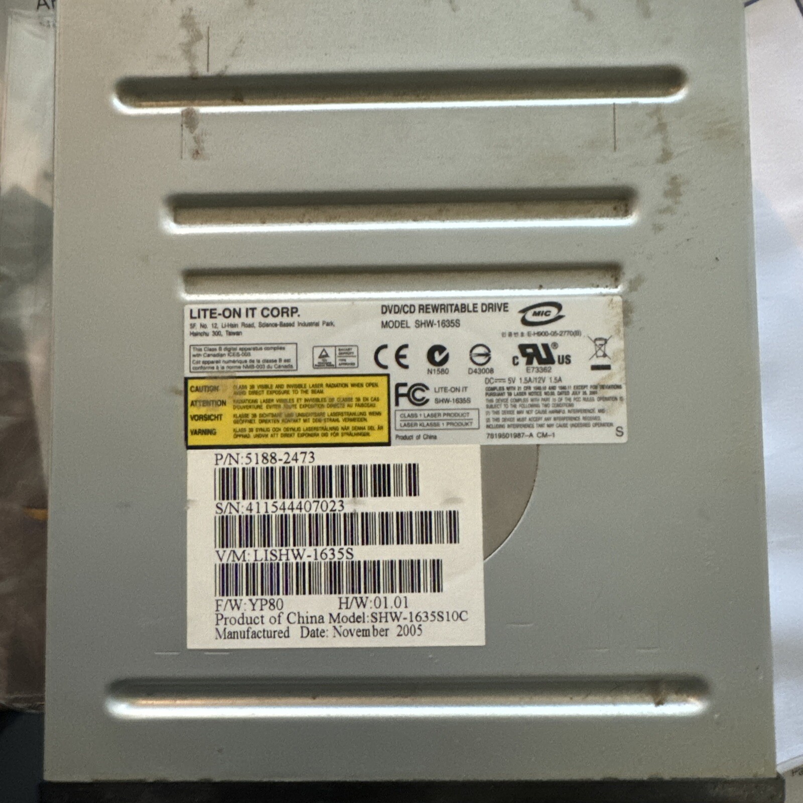 Lite-On It Corp DVD/CD Rewritable Drive Model SHW-1635S IDE DISC DRIVE TESTED