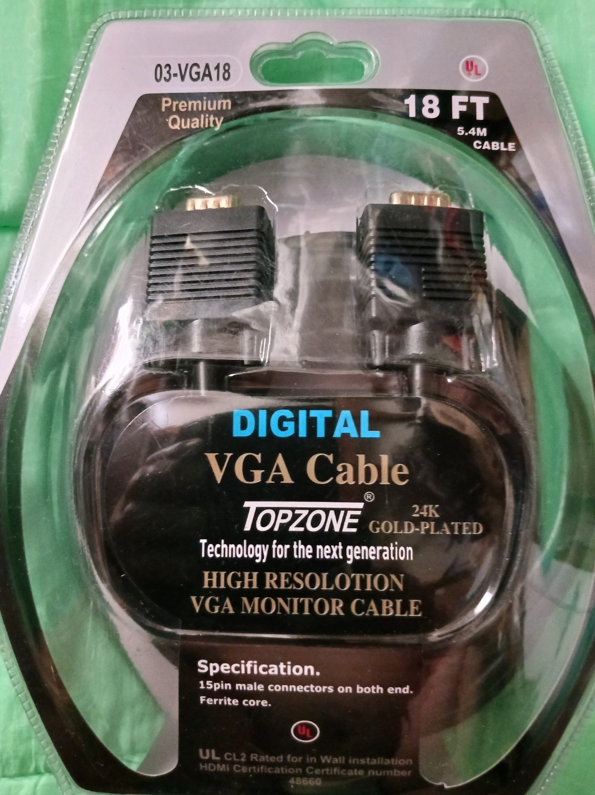 NEW Topzone VGA Cable 18ft Gold Plated Monitor Cord PC Laptop TV Projector