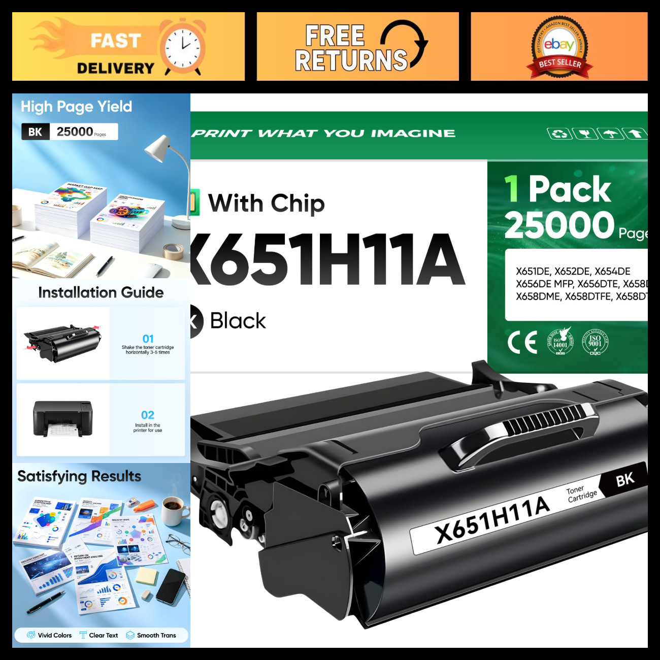 High Yield Black Toner Cartridge Replacement for Lexmark X651DE X652DE Printers
