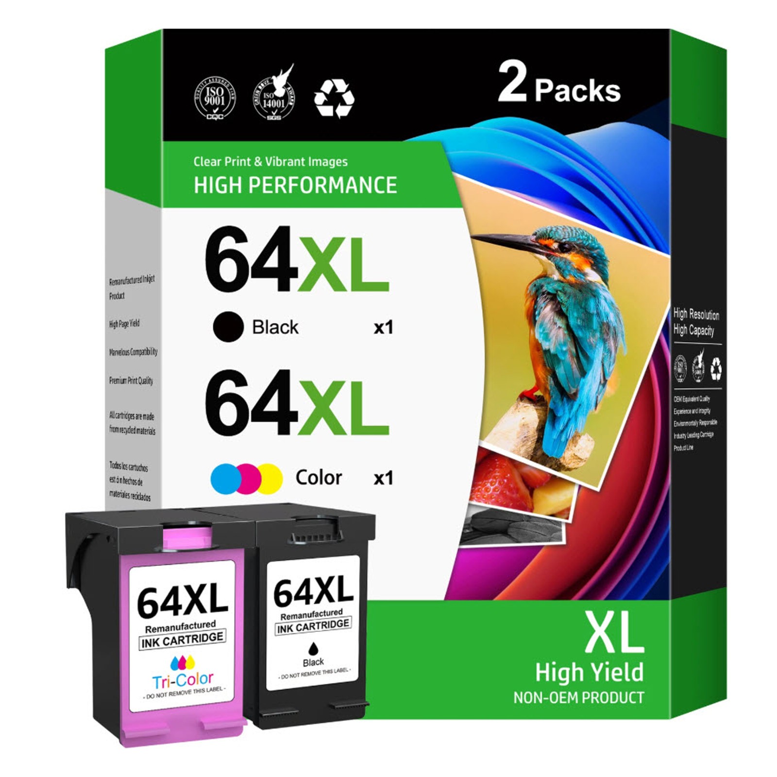 64XL Black and Color Ink Cartridge Combo Pack Replacement for HP 64XL Ink
