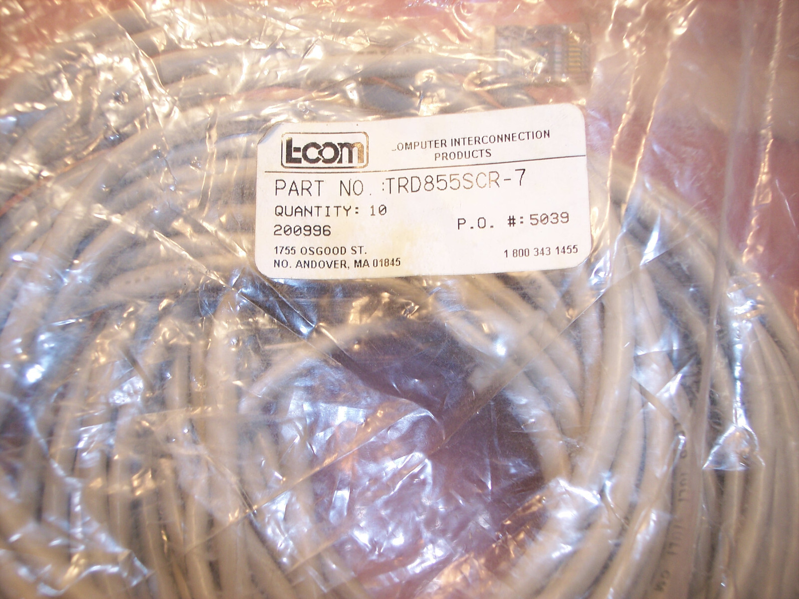 QTY (1) TRD855SCR-7 L-COM 7ft CAT5E RJ-45 RJ-45 NEXT PATCH CABLE NOS