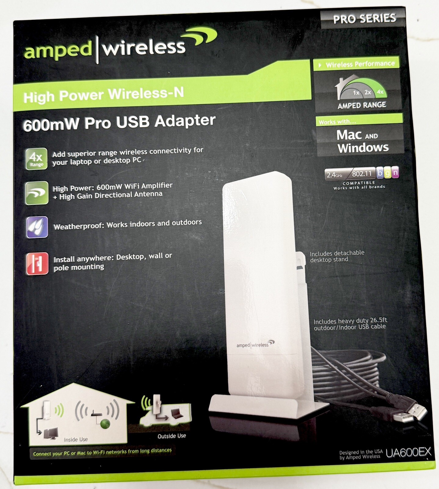 NEW Amped Wireless High Power Wireless-N 600mW Pro USB Adapter UA600EX