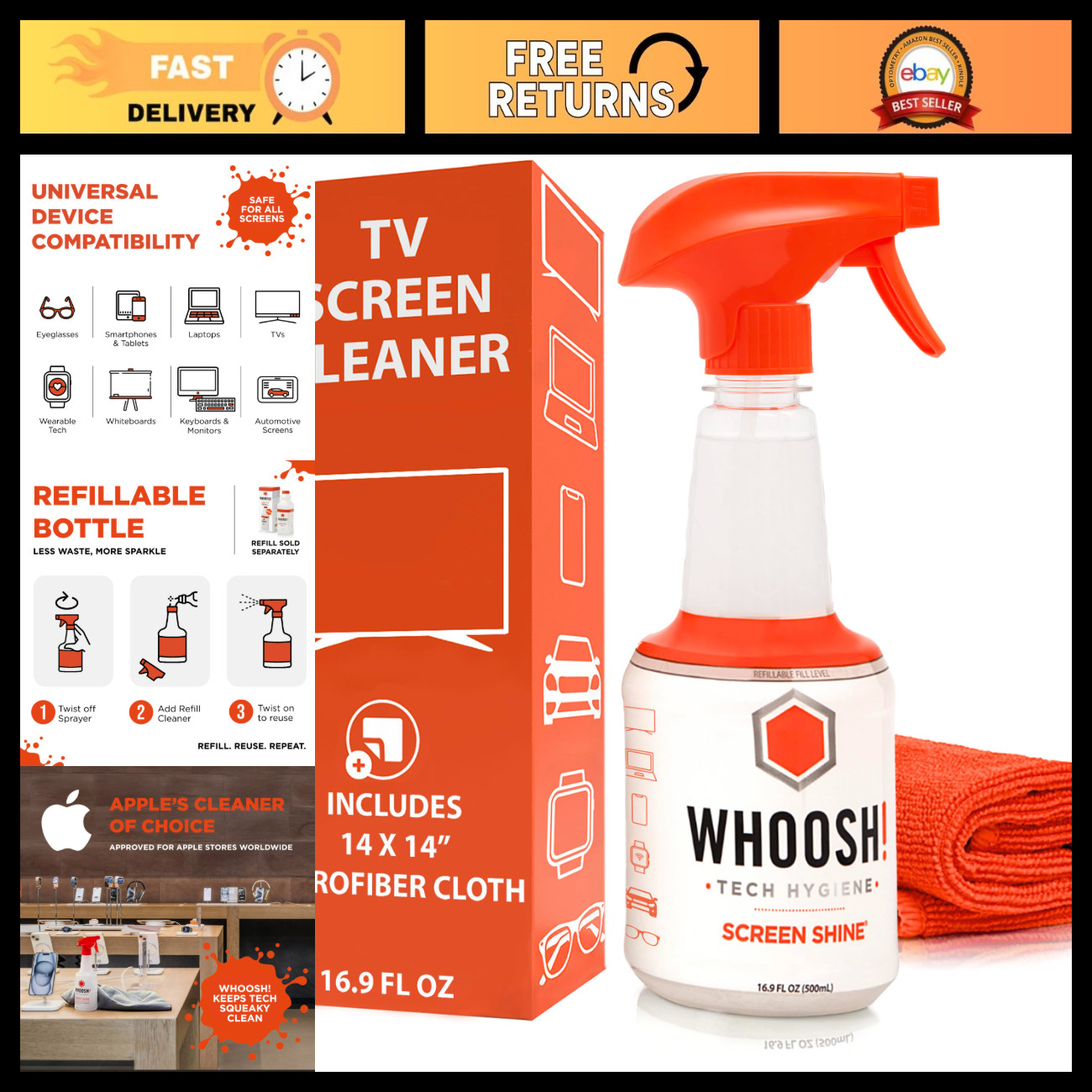 Refillable Screen Cleaner & Microfiber Cloth for TVs, Monitors, Laptops - 16.9 f