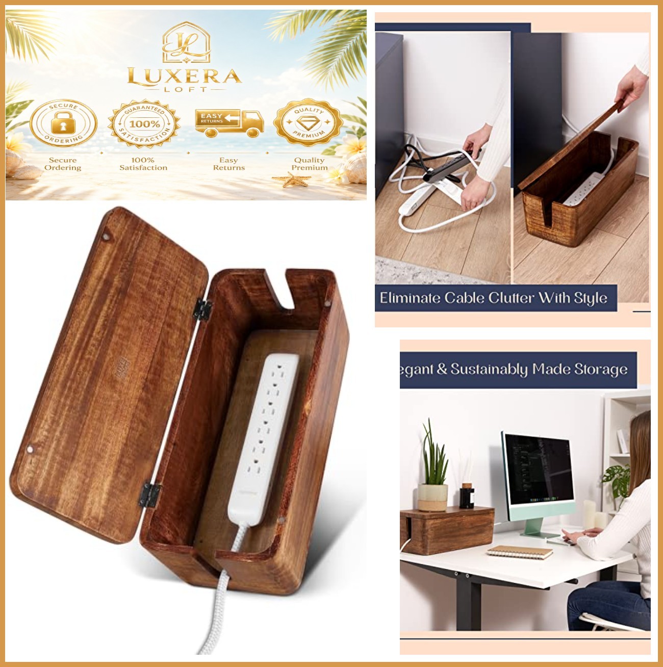 Mango Wood Cable Management Box Large Magnetic Lid Ventilation Holes Cord