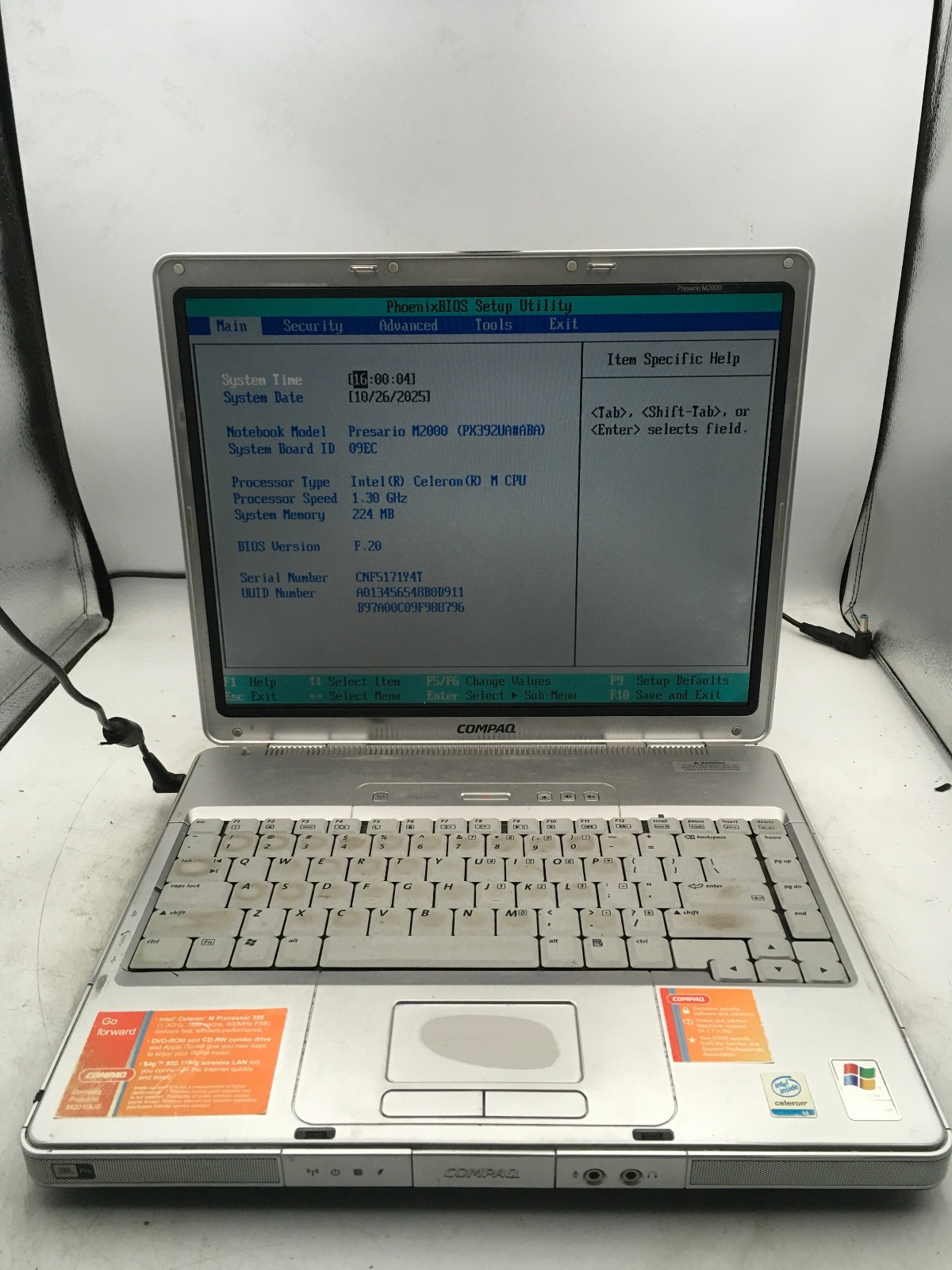 COMPAQ PRESARIO M2000 - BOOTS TO BIOS - INTEL CELERON - 256MB RAM - READ DESC-BB