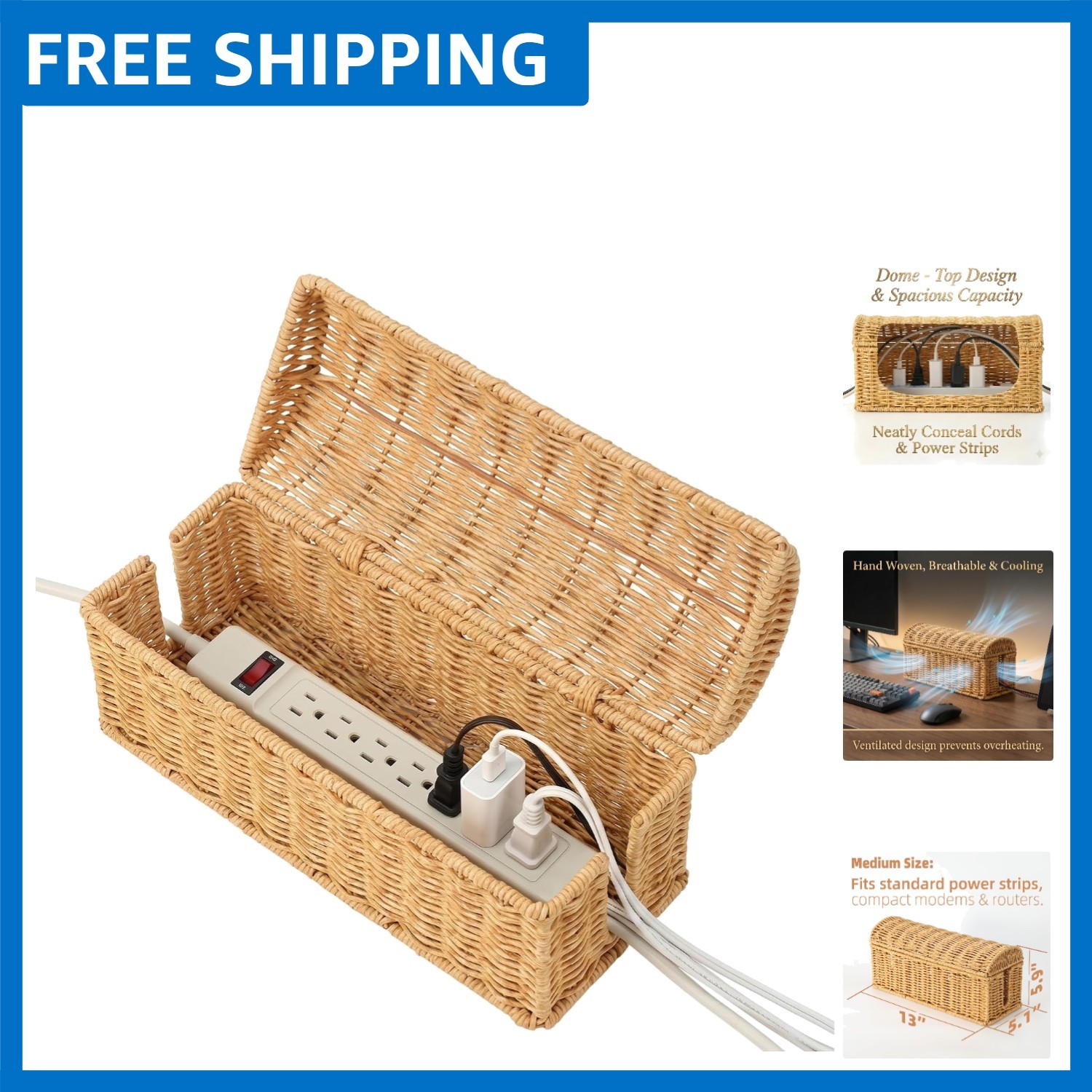 Kid & Pet Safe Rattan Cable Management Box - Elegant Home Storage Solution
