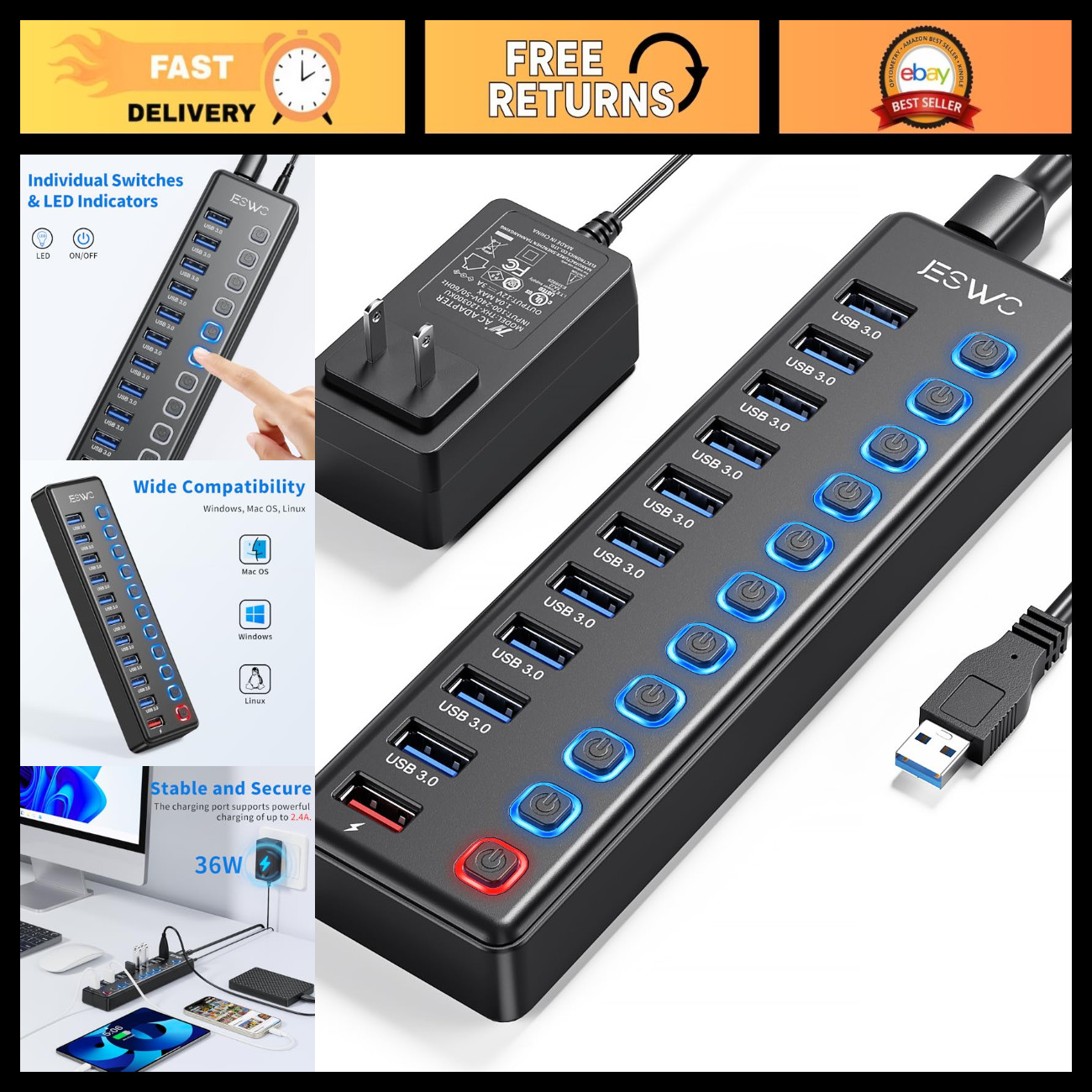 11-Port USB 3.0 Powered Hub, 10 Data Transfer + 1 Smart Charging Port, LED Switc