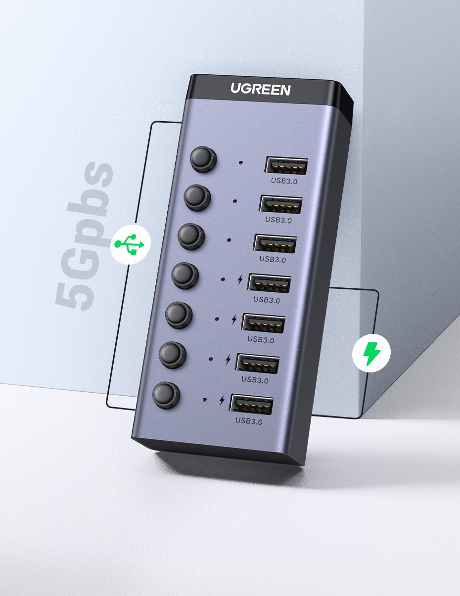 UGREEN USB 3.0 7-Port Powered Hub USB-C to USB-A 5Gbps LED 12V