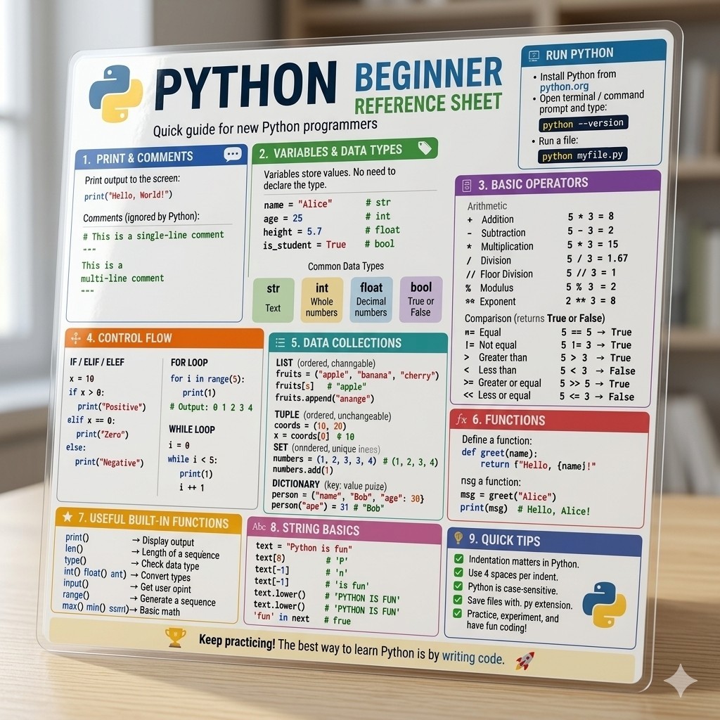 Python Keyboard Shortcuts Quick Reference Guide | Laminated 8.5x11 
