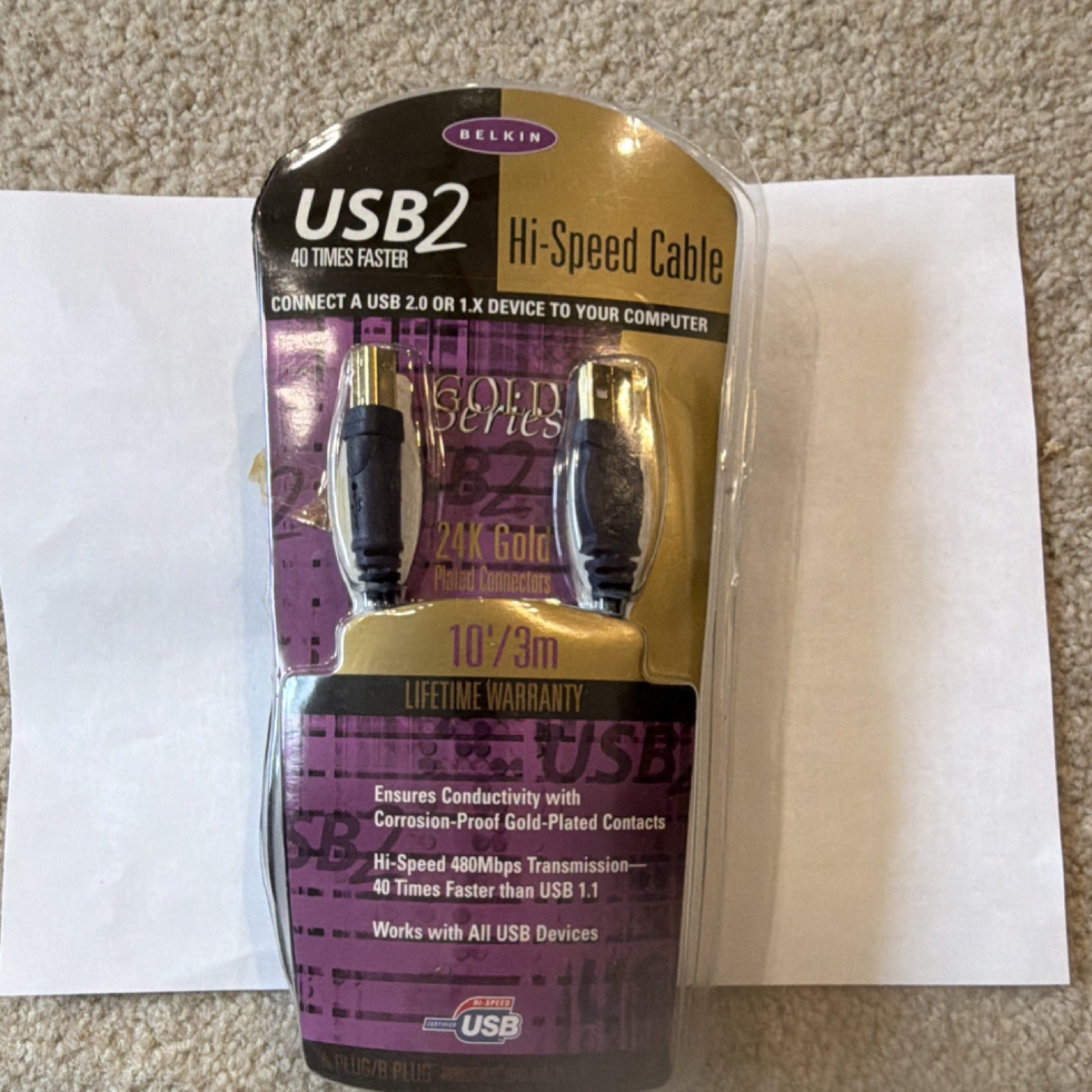 Belkin Gold Series USB 2.0 Type-A to Type-B Cable 10 ft Gold Plated F3U133