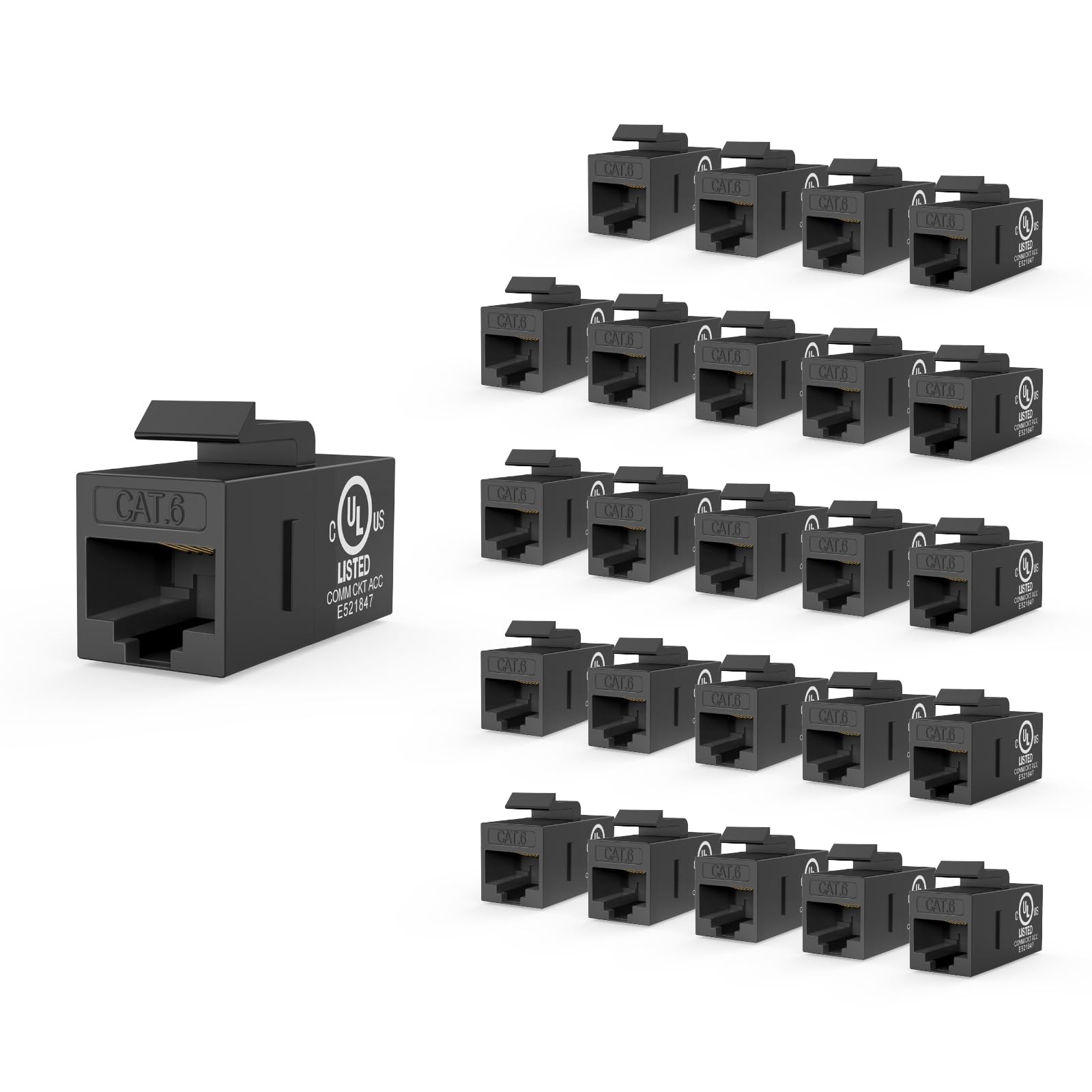 UL Listed CAT6 Keystone Coupler PoE, Black, 25-Pack