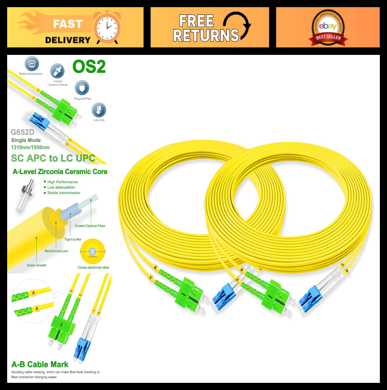 10M Duplex Single Mode Fiber Optic Patch Cord SC APC to LC UPC 9/125μm Cable