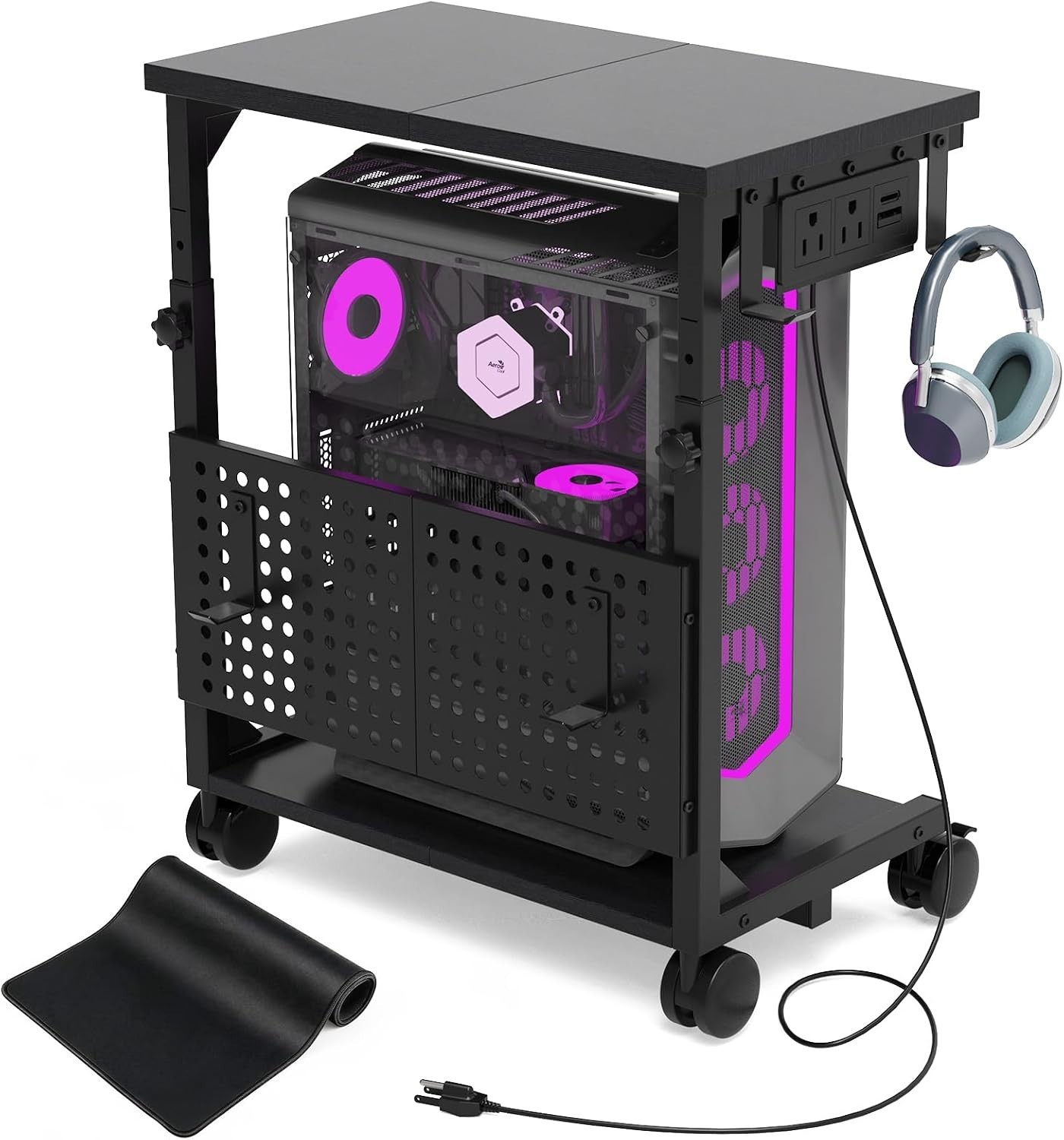 Adjustable Computer Tower Stand with Charging Station & Pegboard,Black
