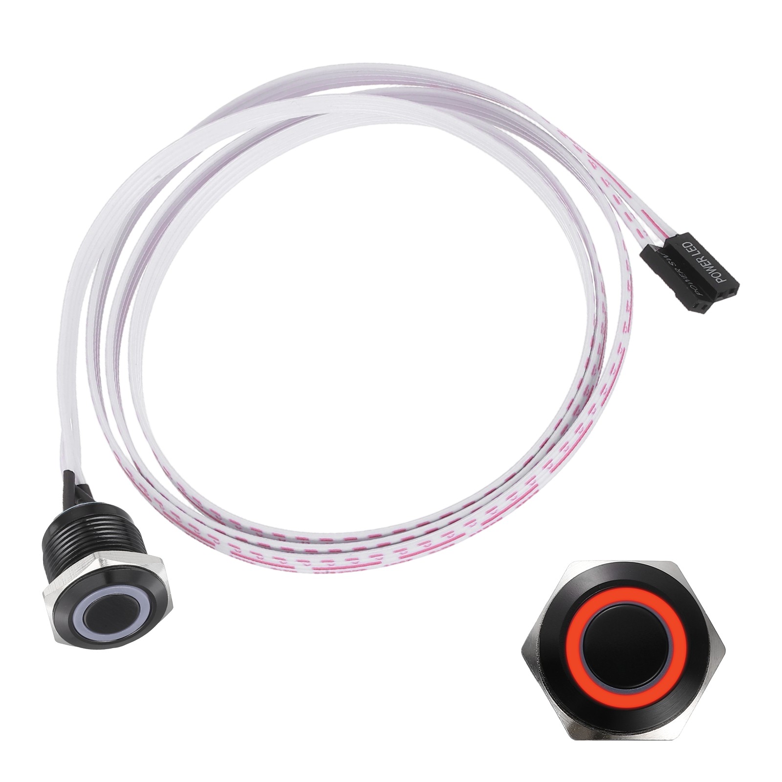 Chassis Metal Button 16mm Ring Red LED Power Button 100cm Wire Black