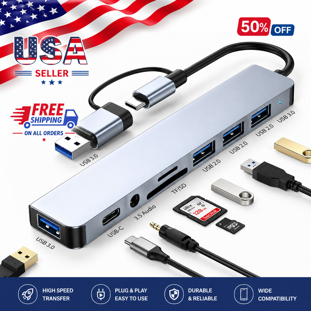 8 in 2Port USB-C Hub Adapter - 5G Speed Multi Splitter for PC, Laptop & MacBook