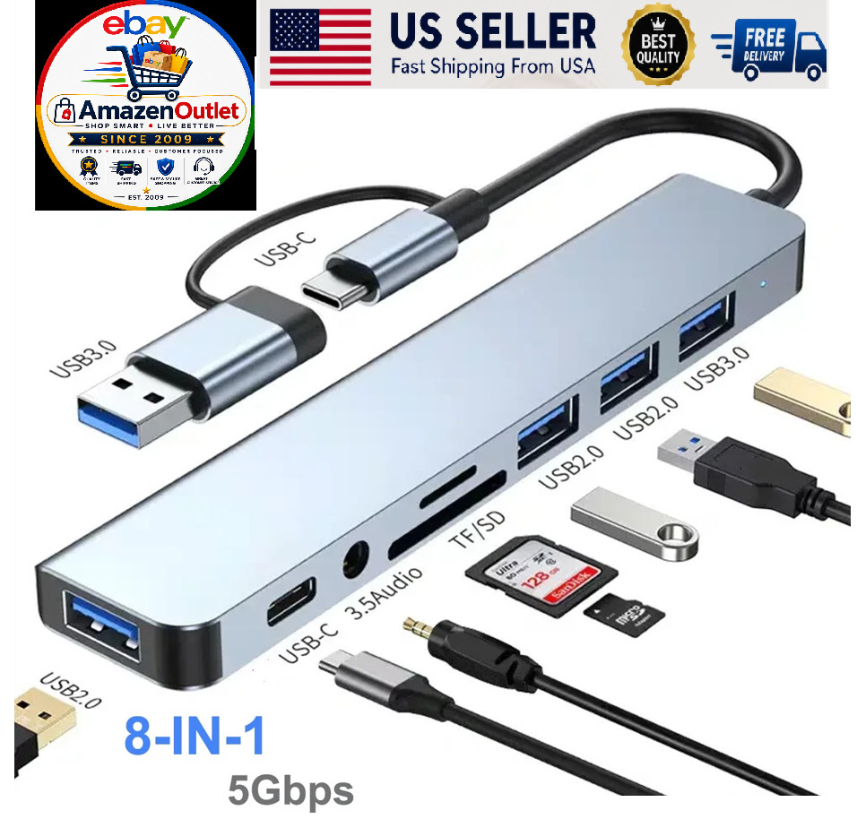 NEW 8 Port USB-C Hub Adapter - 5G Speed Multi Splitter for PC, Laptop & MacBook