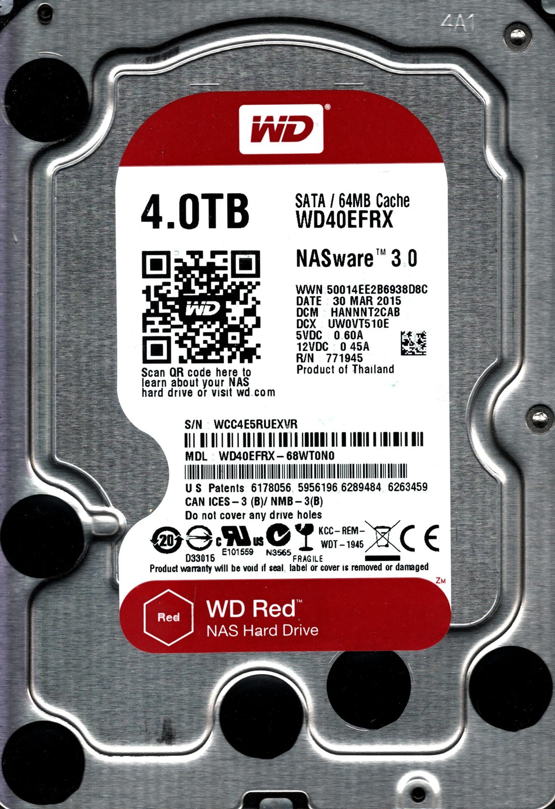 WD40EFRX-68WT0N0 S/N: WCC4E HANNNT2CAB WESTERN DIGITAL 4TB THAILAND MAR 2015