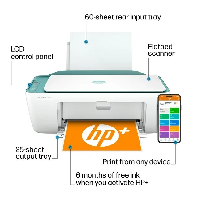 New HP 2952/2942 Wireless Printer-Copy-Scan+INK- AI Enabled