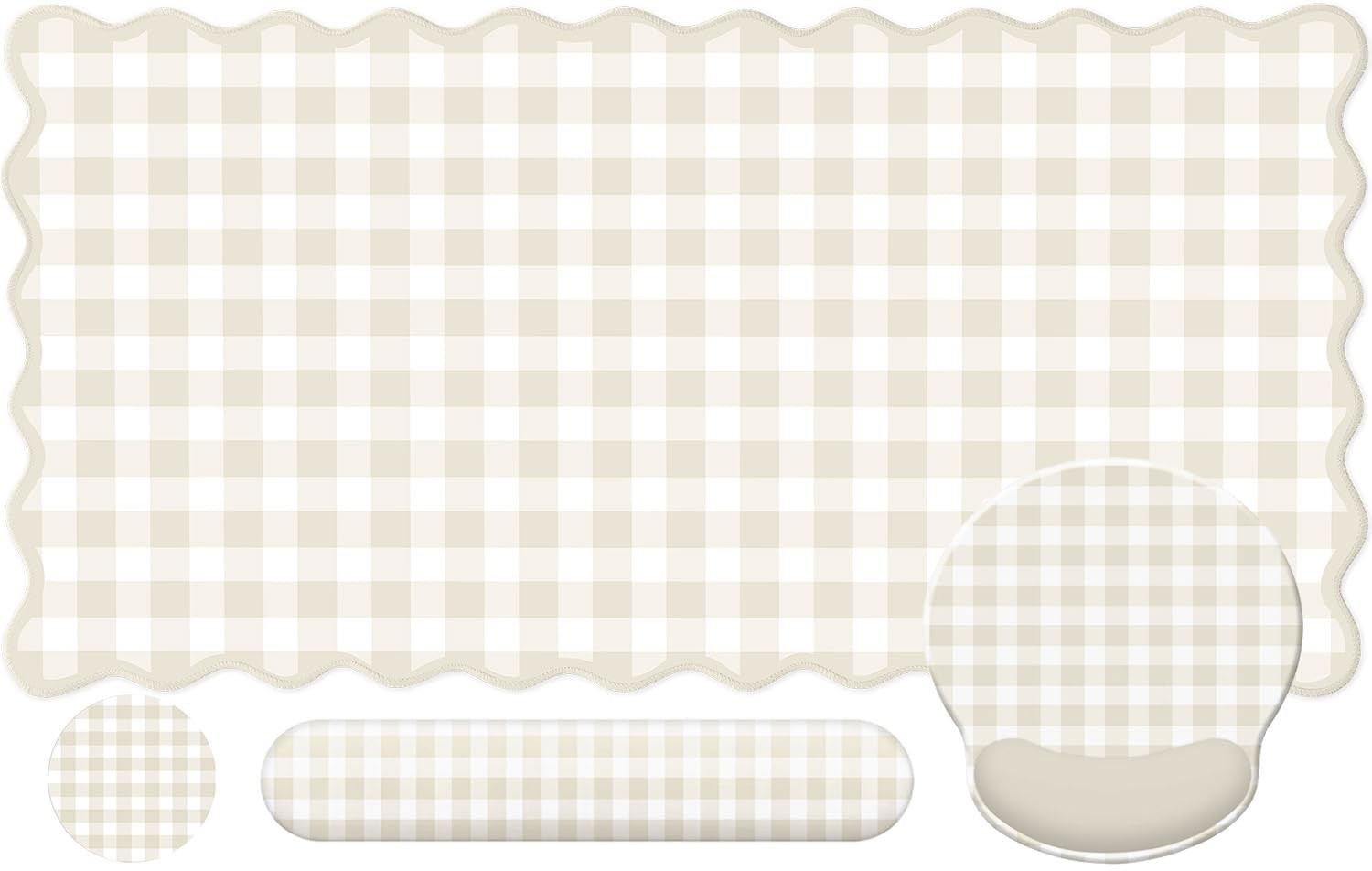 Beige Gingham Scalloped Desk Mat Set, Mouse Pad with Gel Wrist Rest,Ergonomic...