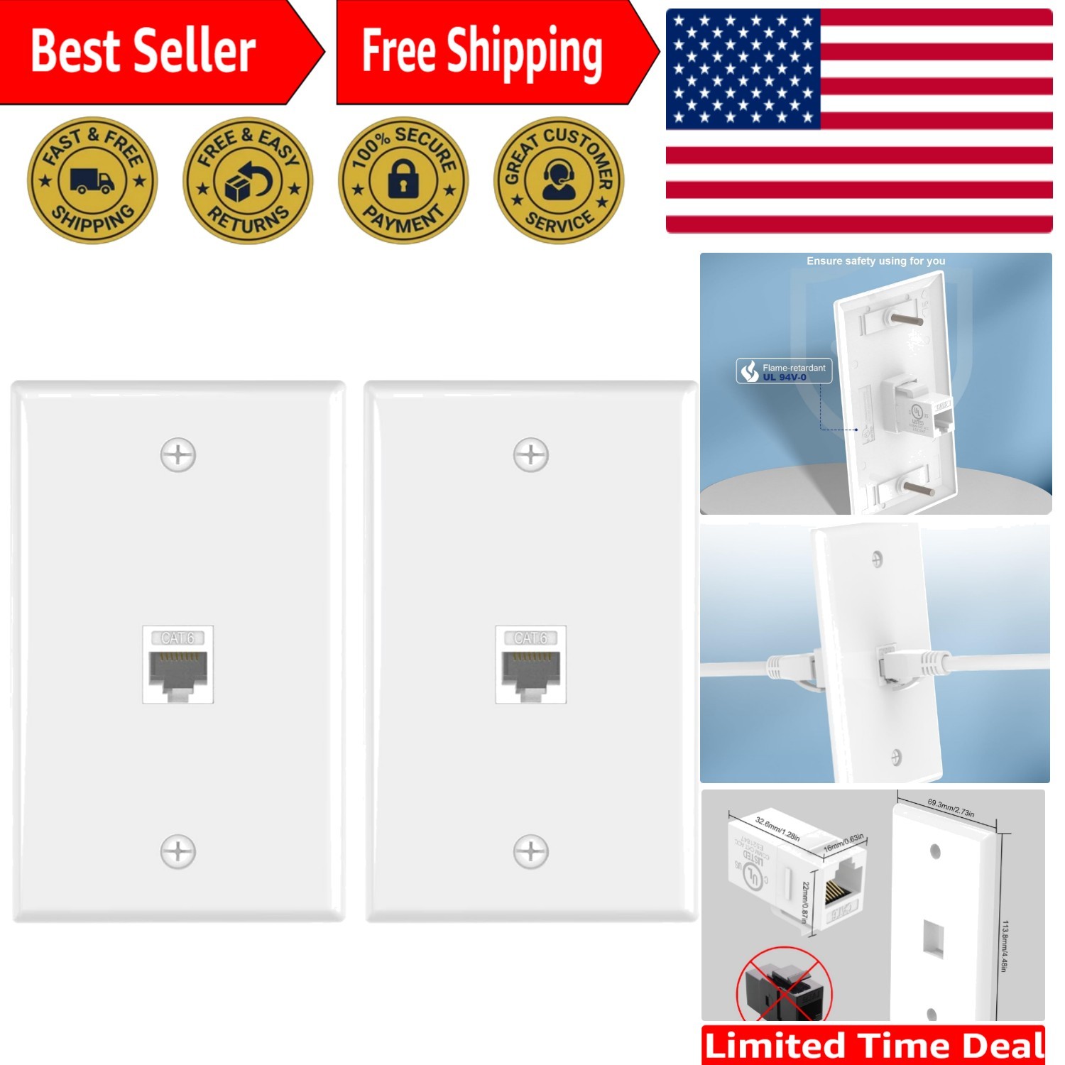 2-Pack  Listed 1-Port Cat6 Wall Jack -  Quality Ethernet Connection