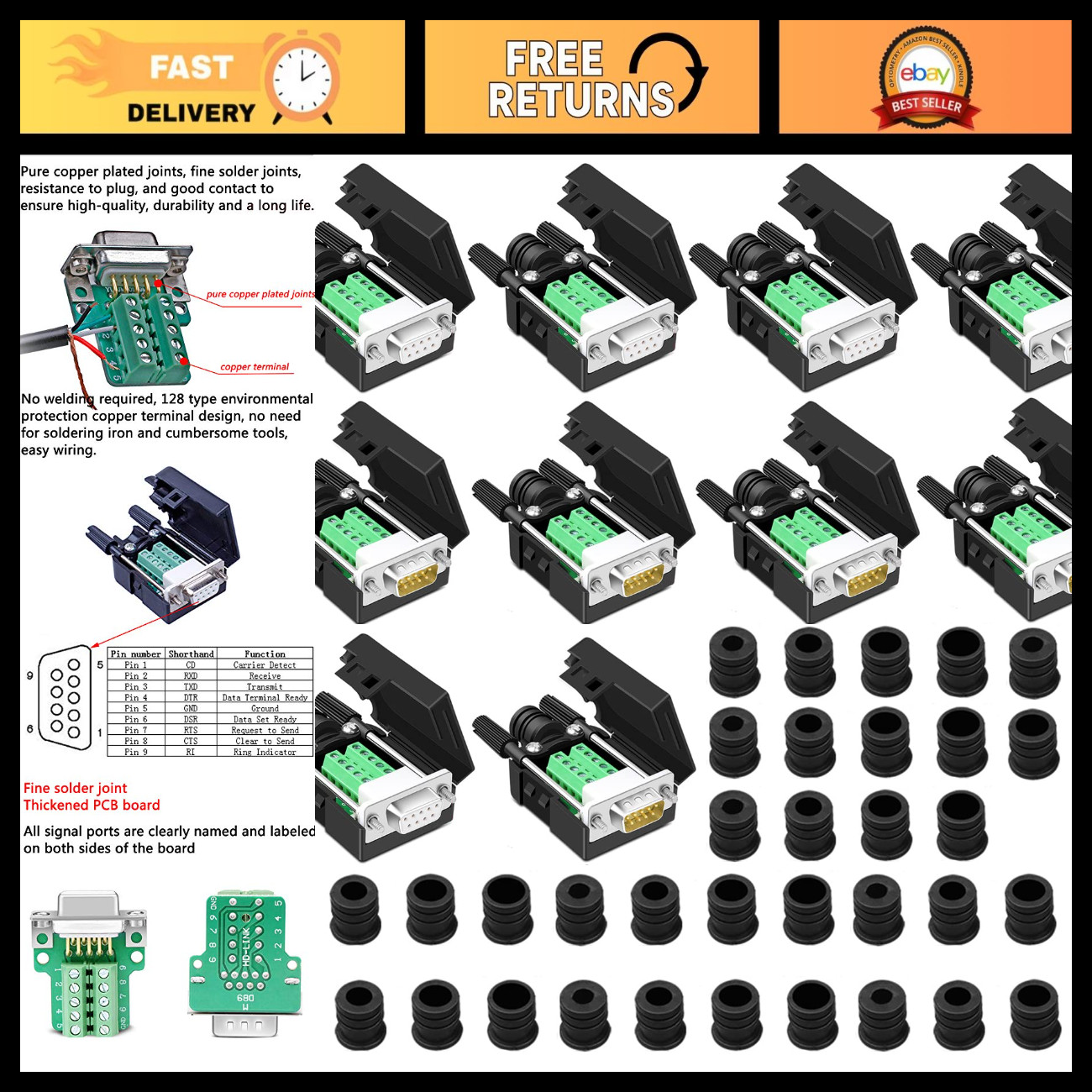 10PCS Solderless DB9 Serial Breakout Connector 9pin Male Female Adapter