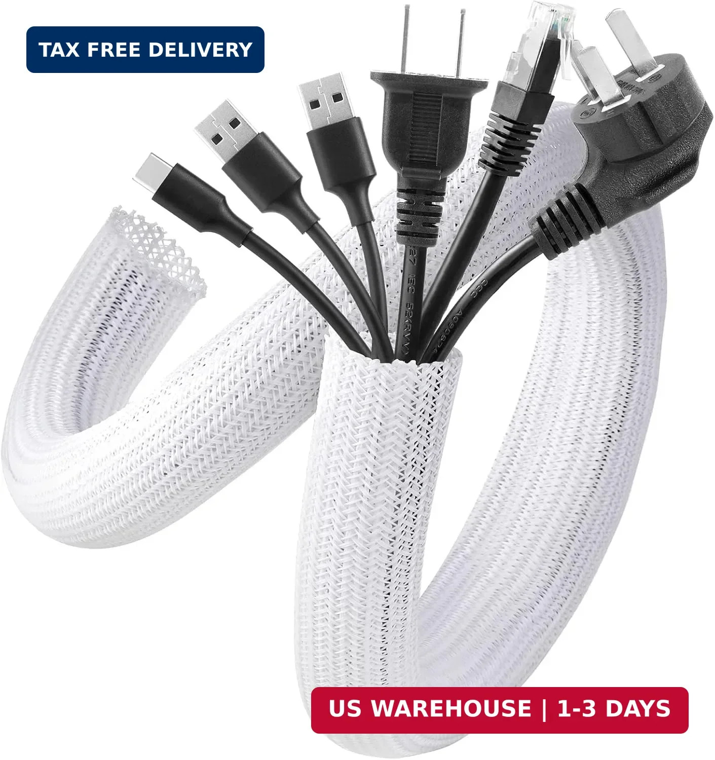 White Cable Sleeve, 2 Pack 5ft - 1.2 Inch Cable Management, Desk Cord Cover Orga