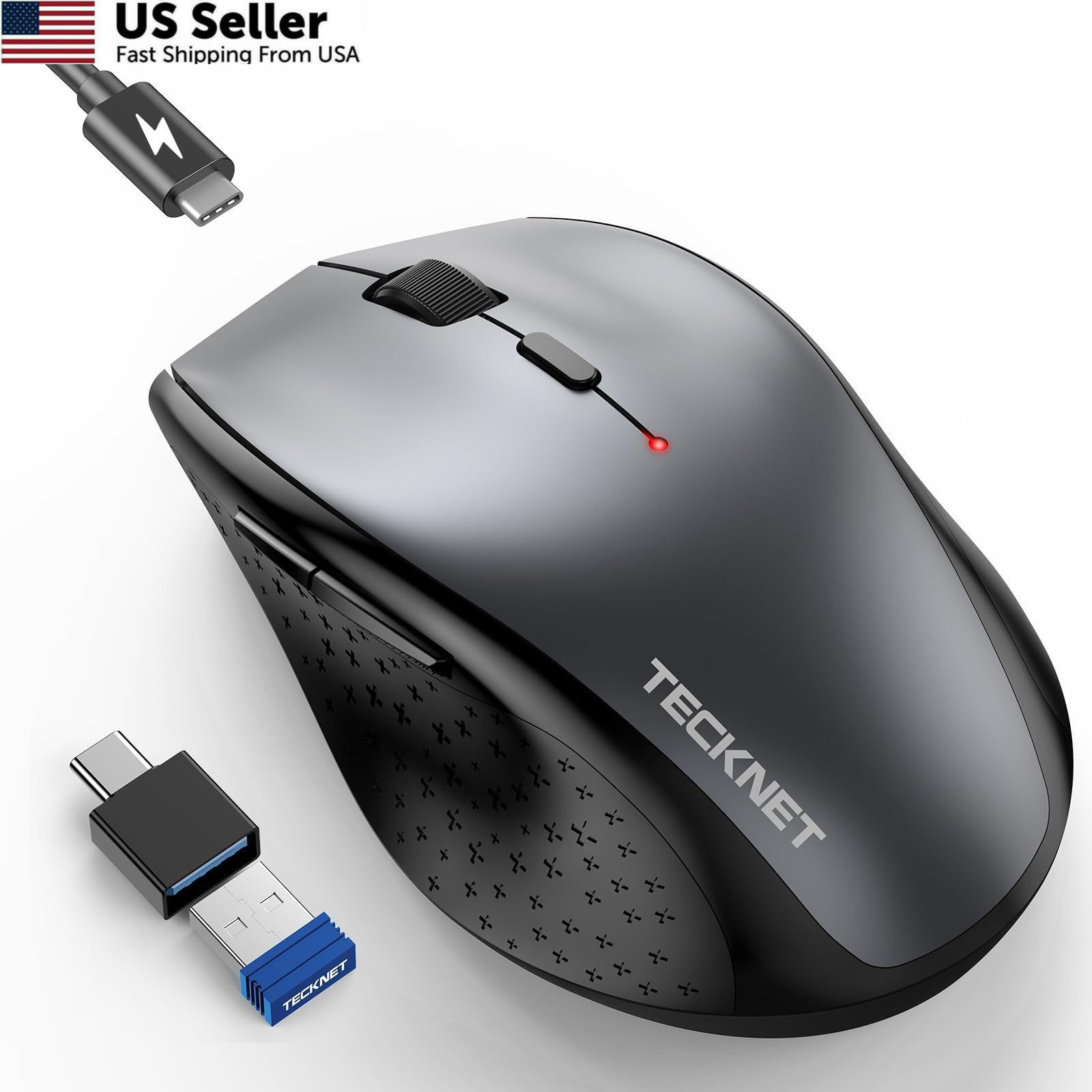TECKNET Rechargeable Mouse with Jiggler, Plug & Play, 2.4G Full Size, Grey