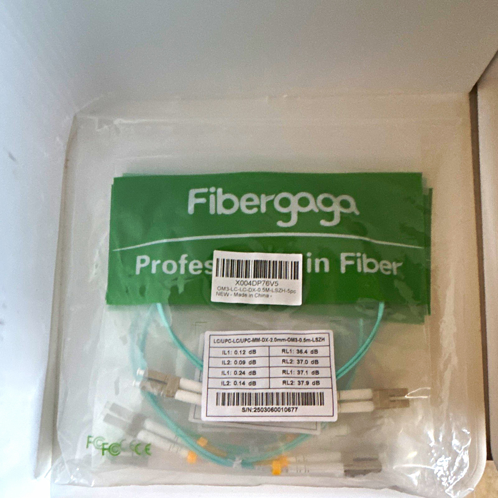 Fibergaga OM3 Multimode LC-LC Duplex Fiber Patch Cable 0.5m LSZH Aqua