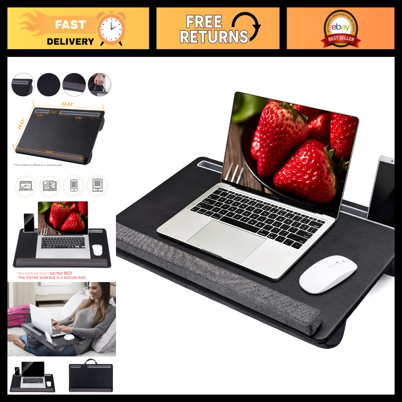Extra Large Portable Laptop Desk with Mouse Pad, Phone Holder & Wrist Rest - Fit