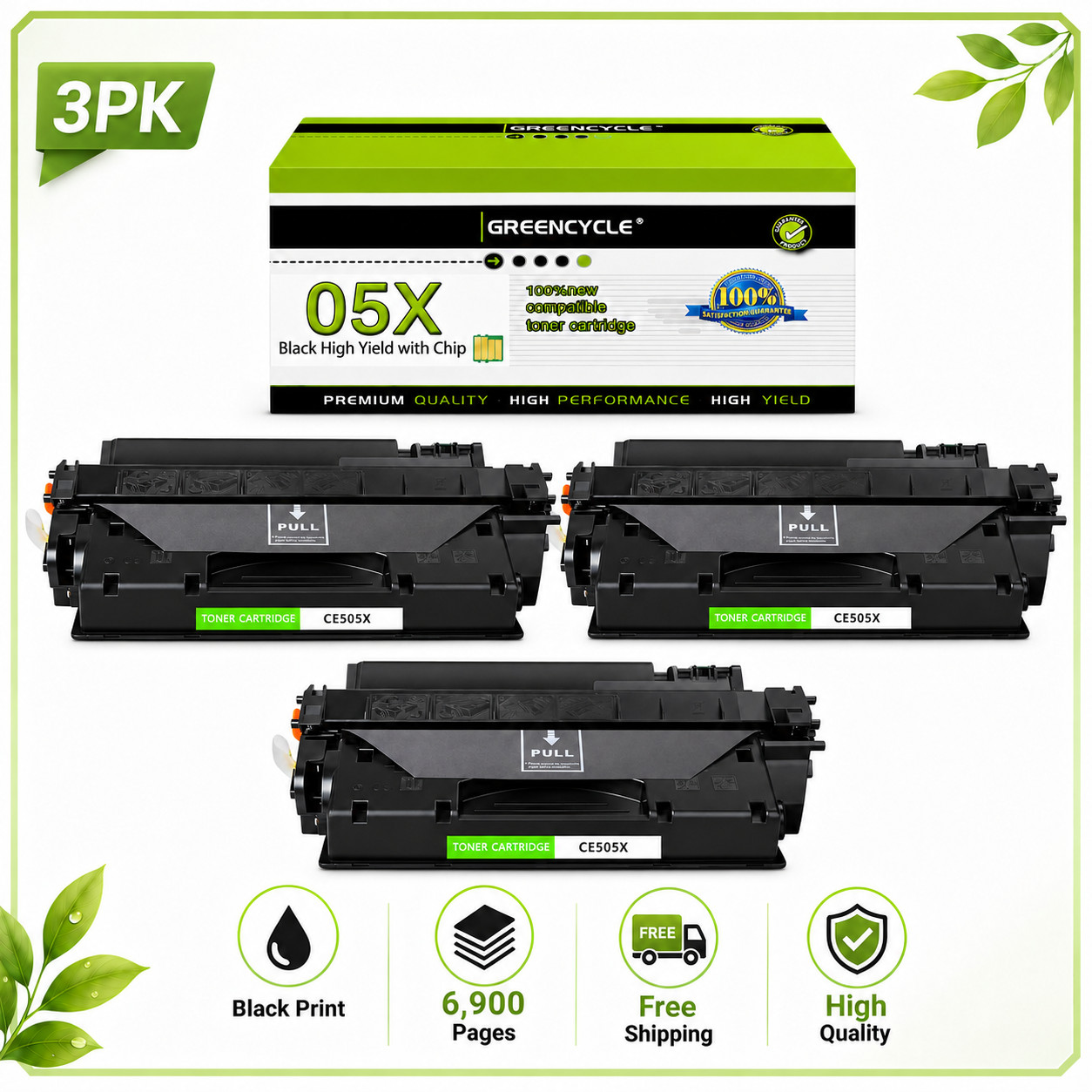3PK CE505X 05X Toner Cartridge With Chip for HP LaserJet P2050 P2055 P2055x
