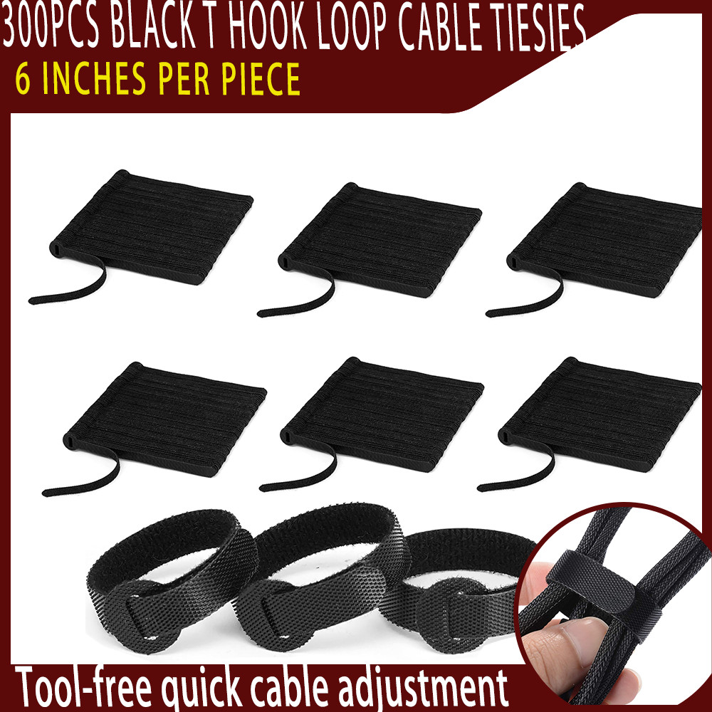 300Pcs Black T-Type Hook and Loop Cable Ties