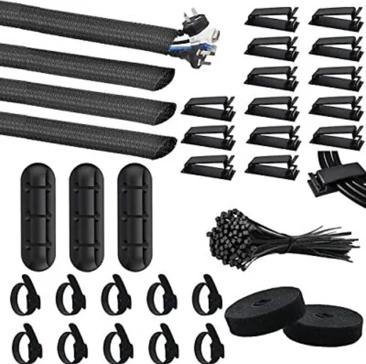 SOULWIT 134Pcs Cable Management Kit, 4 Cable Tubing Sleeve, 3 Silicone Cable Hol
