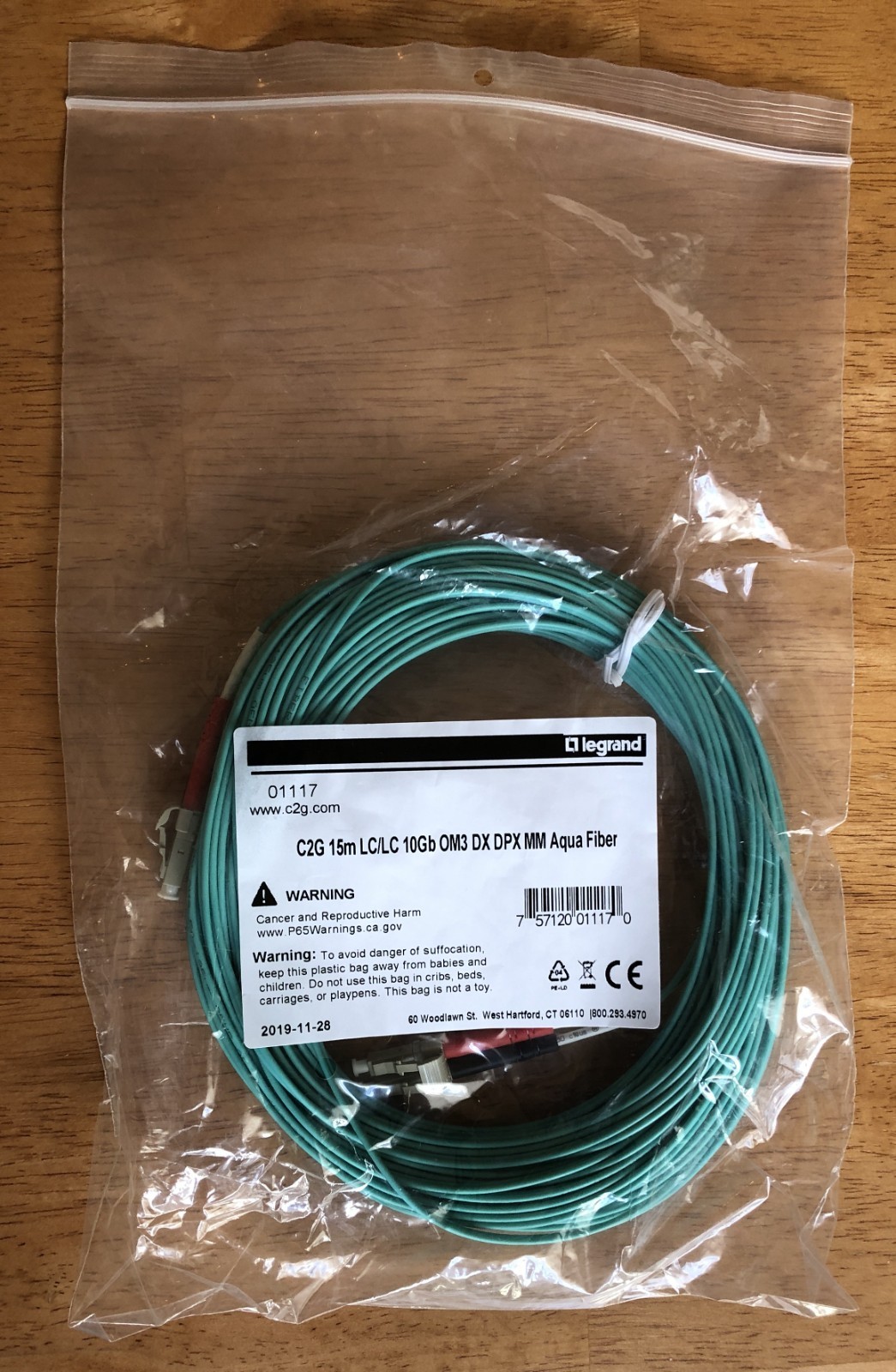 Legrand OM3 LC-LC Fiber Patch Cable 15m 50/125 Duplex Aqua Multimode