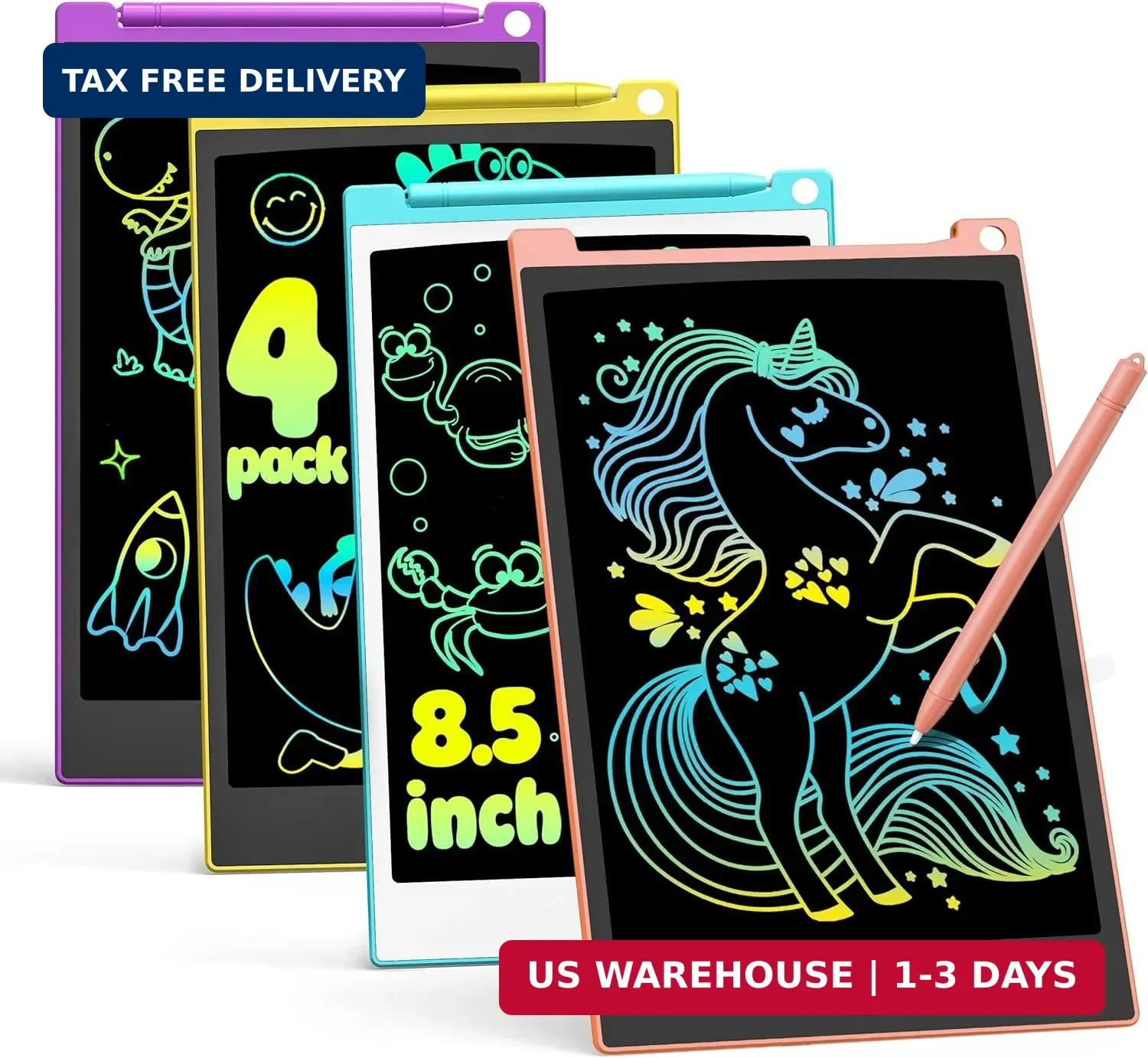 TECJOE 4 Pack LCD Writing Tablet, 8.5 Inch Colorful Drawing Board, Kids Travel G
