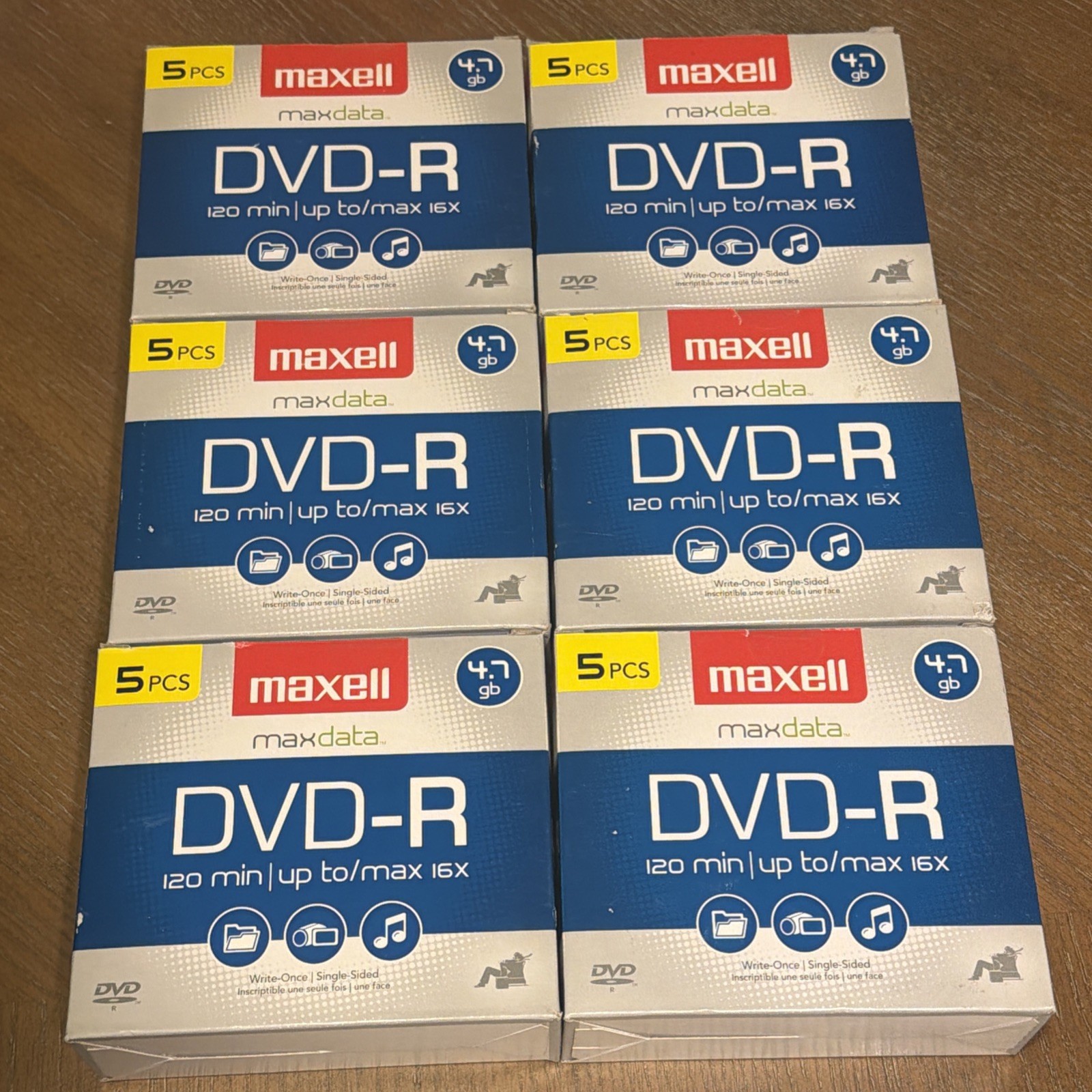 Lot of 6 NEW 5 Pack Maxell Maxdata DVD-R 4.7 Gb 120 Min 16X ~ 