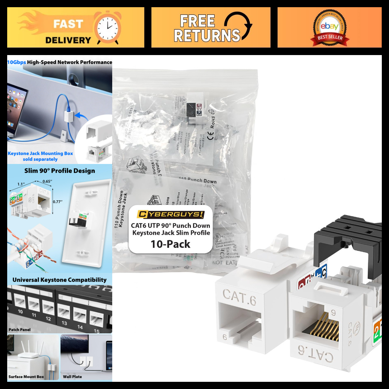 90° Cat6 Keystone Jacks 10Gbps RJ45 Connectors - 10-Pack for Networking Upgrade