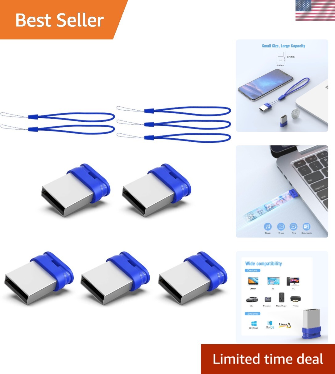 Durable 5-Pack Mini USB Flash Drives - 64GB Ultra-Fit with Waterproof Design