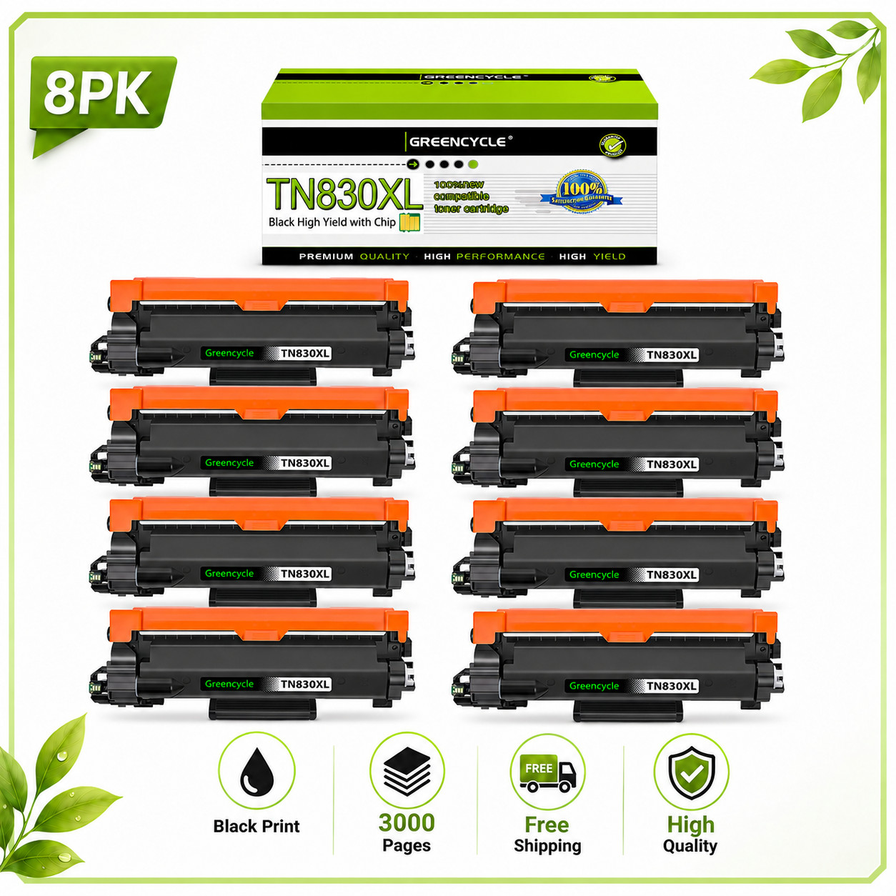 8PK TN830XL High Yield Toner fits for Brother 830 XL HL-L2460DWXL MFC-L2820DW